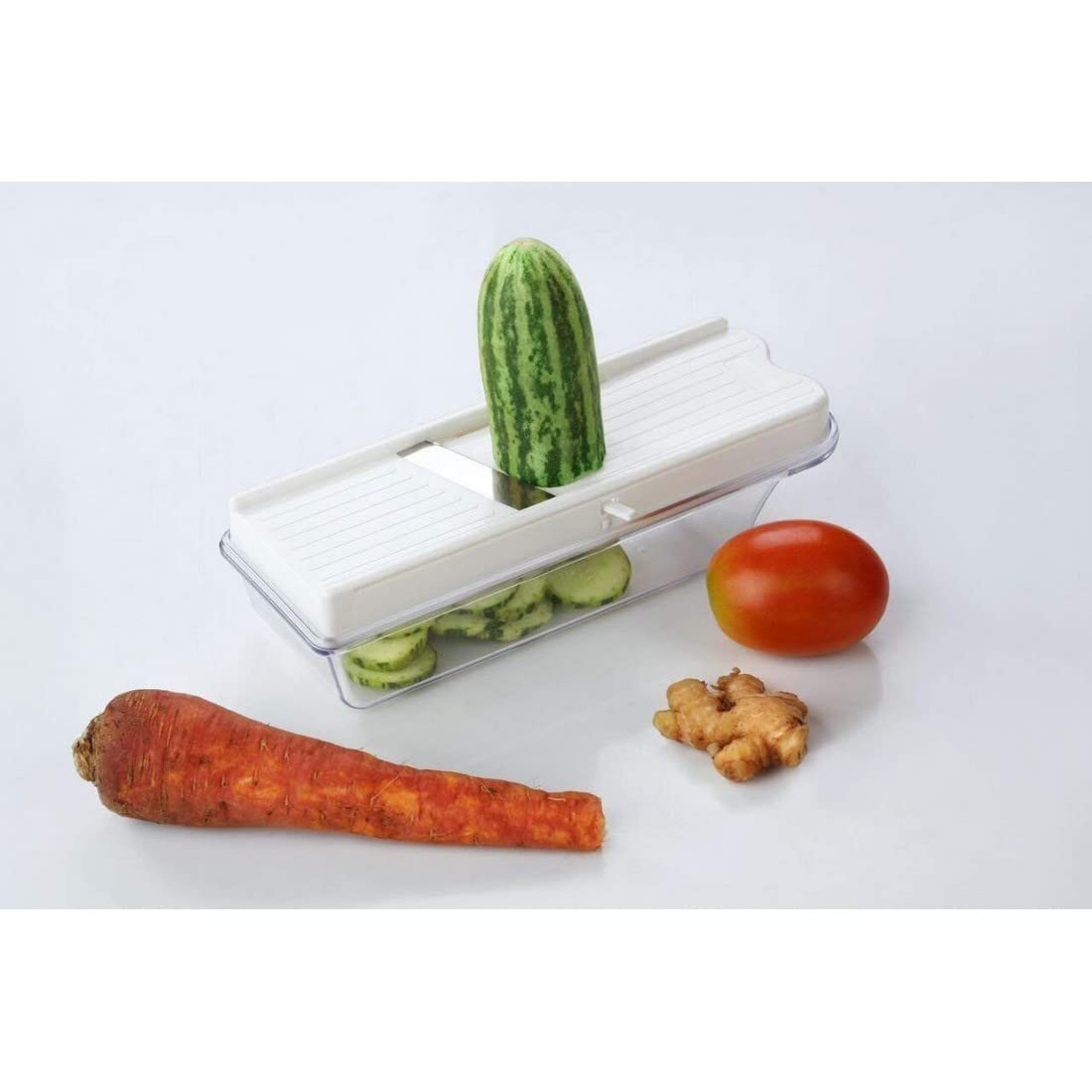Premium Stainless Steel Garlic Ginger Slicer & Grater with Adjustable Thickness & Hand Guard - Multi-Purpose Vegetable Cutter for Onions, Carrots, Potatoes - Includes Storage Container - Perfect for Cooking, Meal Prep & Kitchen Organization