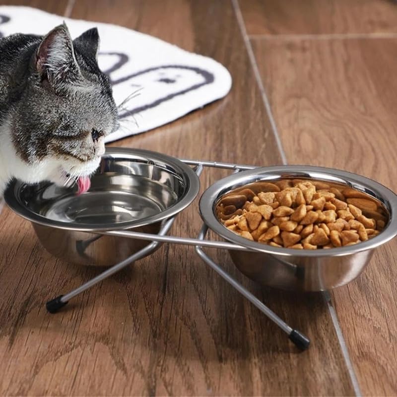 PSK PET MART Stainless Steel Double Dog Bowl with Iron Stand - Non-Slip Pet Food and Water Feeder for Dogs & Cats | Perfect for Home, Travel, and Outdoor Use