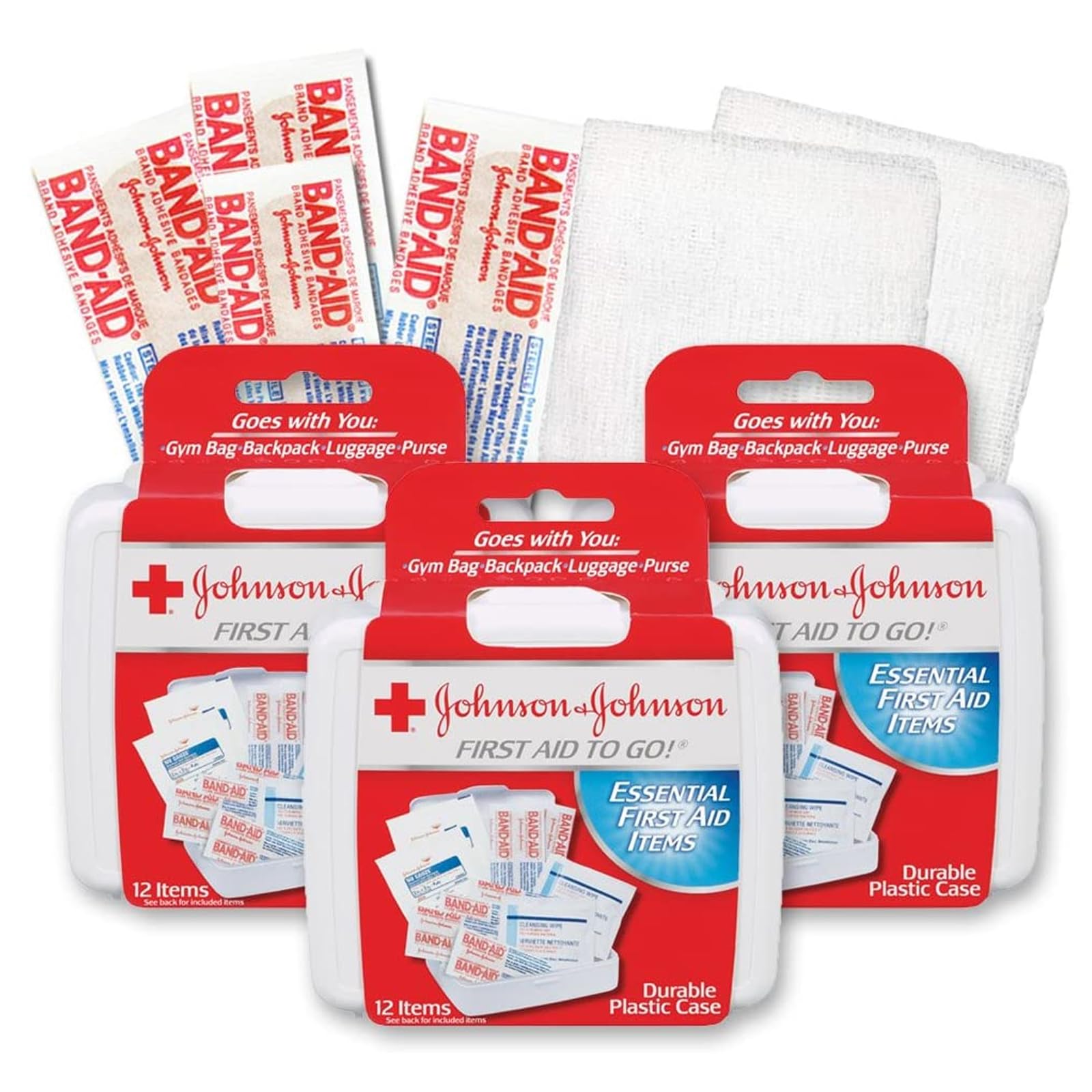 Johnson & Johnson First Aid Kit - Travel Size (Pack of 3) with Cleansing Wipes - Compact Emergency Kit for Car, Office, Purse & On-The-Go Safety | Perfect for Travel, Camping, Home & Workplace Emergencies