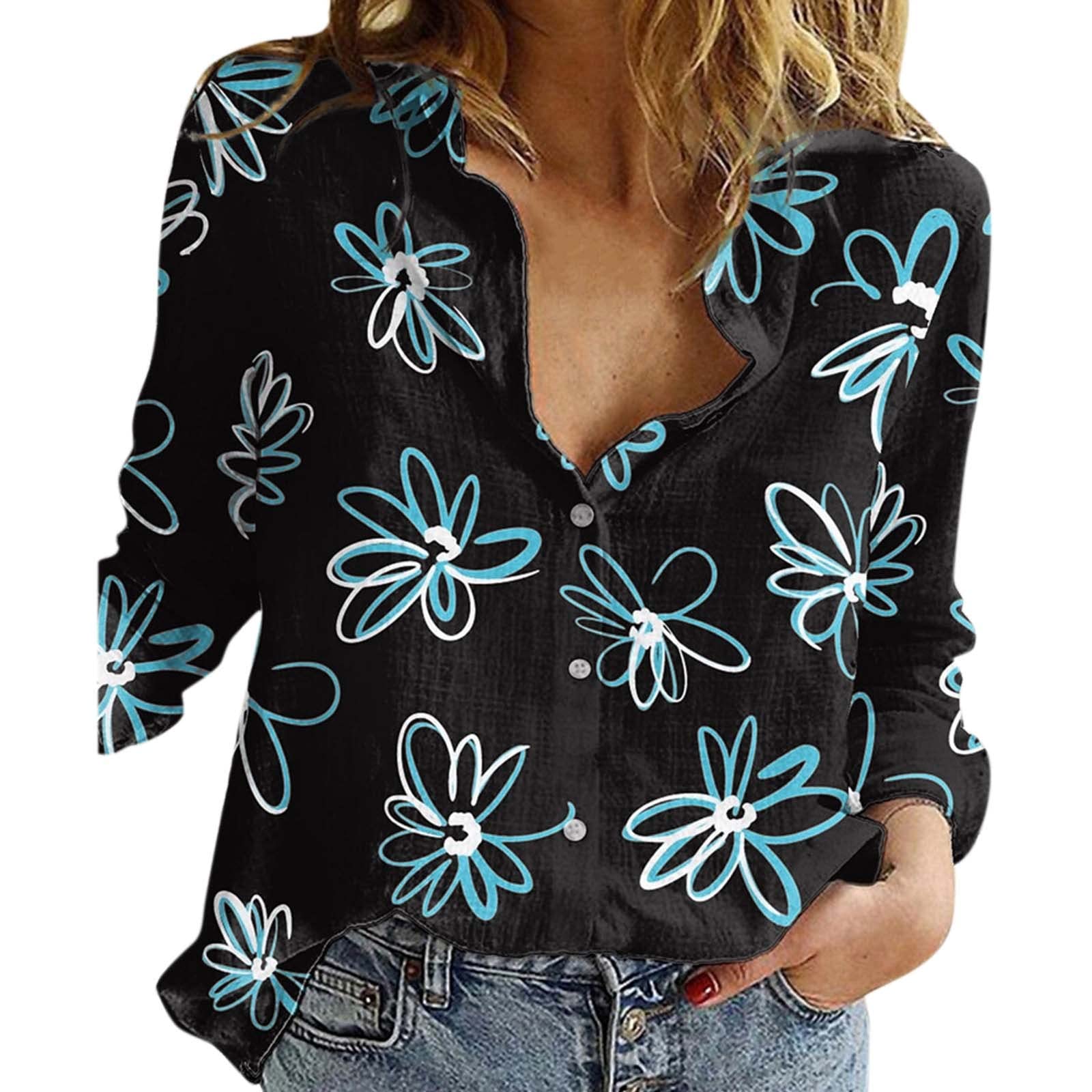 Women's Floral Print Long Sleeve Button Down Shirt - V Neck Loose Blouse for Office Work & Casual Wear | Breathable Tunic Top for Spring & Summer Outfits