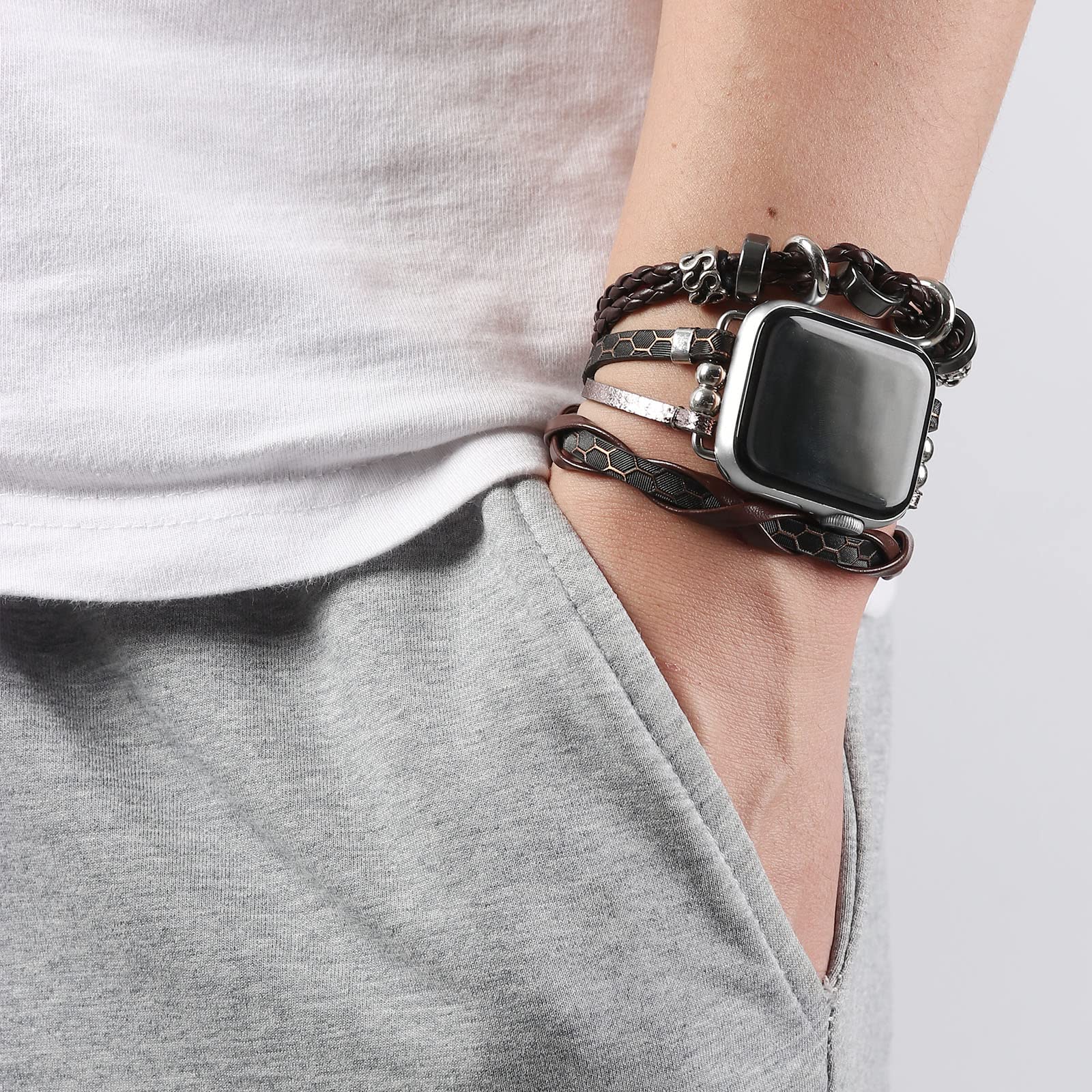 Premium Genuine Leather Apple Watch Bands 38mm 40mm 41mm for Men & Women - Boho Chic Bracelet Strap Compatible with iWatch Series SE/7/6/5/4/3/2/1 | Perfect for Workouts, Office Wear & Casual Fashion Accessories