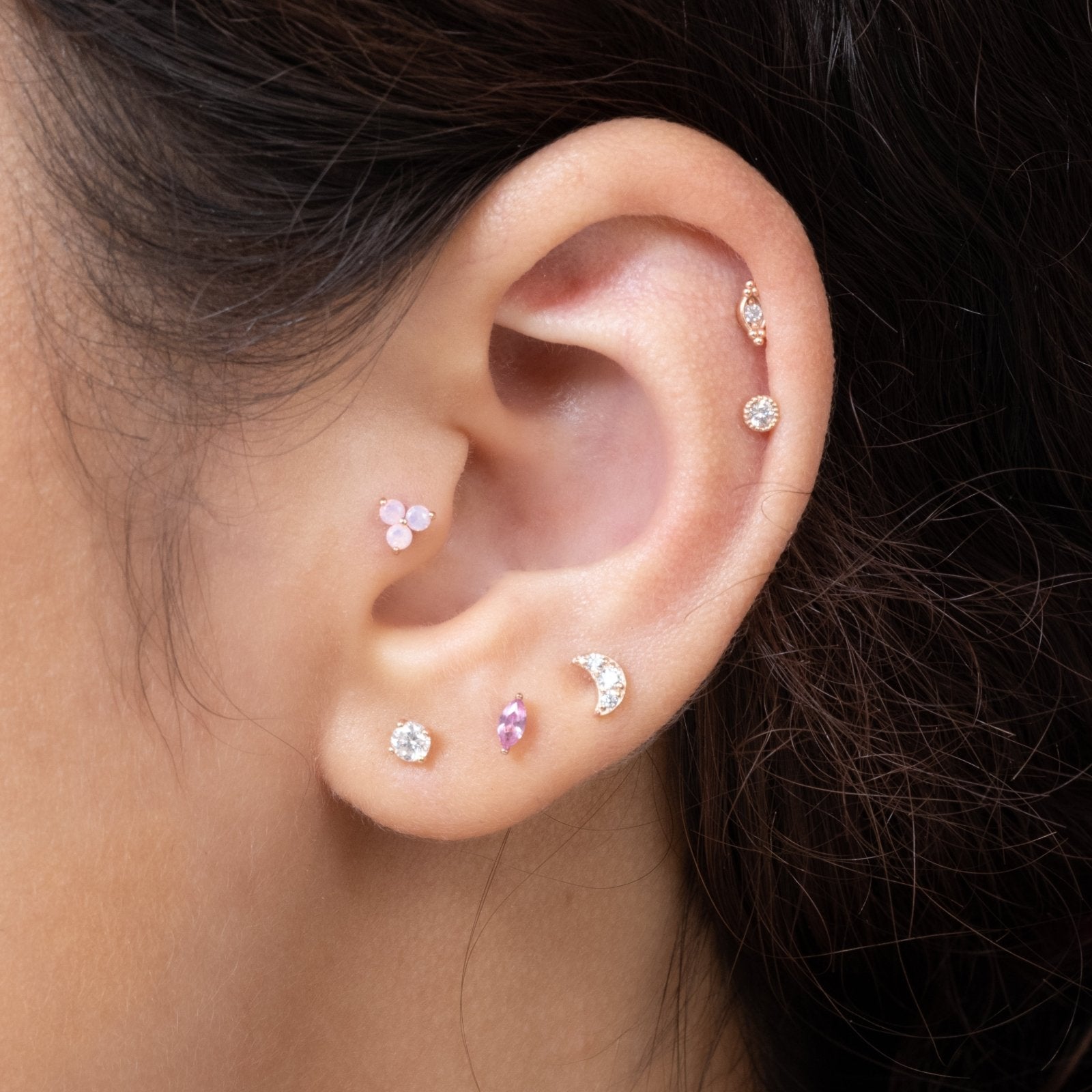 14K Rose Gold Pink Opal Trinity Cluster Stud Earrings - Flat Back for Sensitive Ears | Perfect for Everyday Wear, Gift Giving & Special Occasions