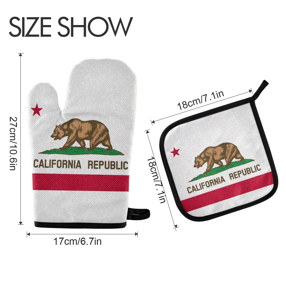 California Bear Flag Oven Mitt & Pot Holder Set - Heat Resistant Kitchen Gloves for Cooking, Baking, Grilling & BBQ - Perfect for Home Chefs & Outdoor Barbecues