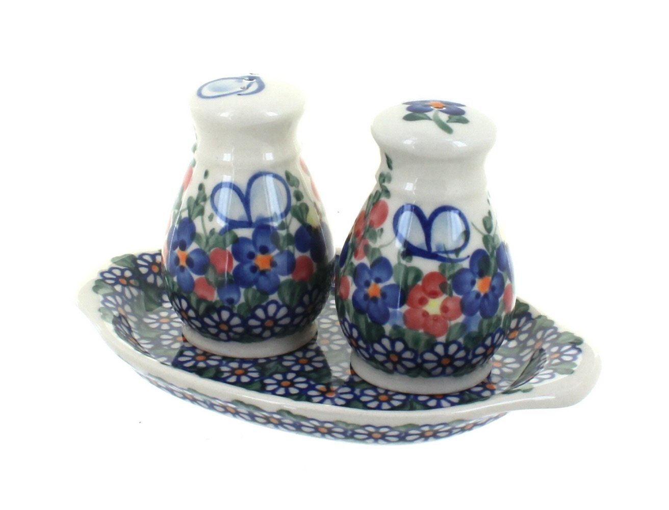 Handmade Blue Rose Polish Pottery Butterfly Salt and Pepper Shakers Set with Decorative Tray - Elegant Kitchen & Dining Table Decor for Home, Garden, or Gift Giving
