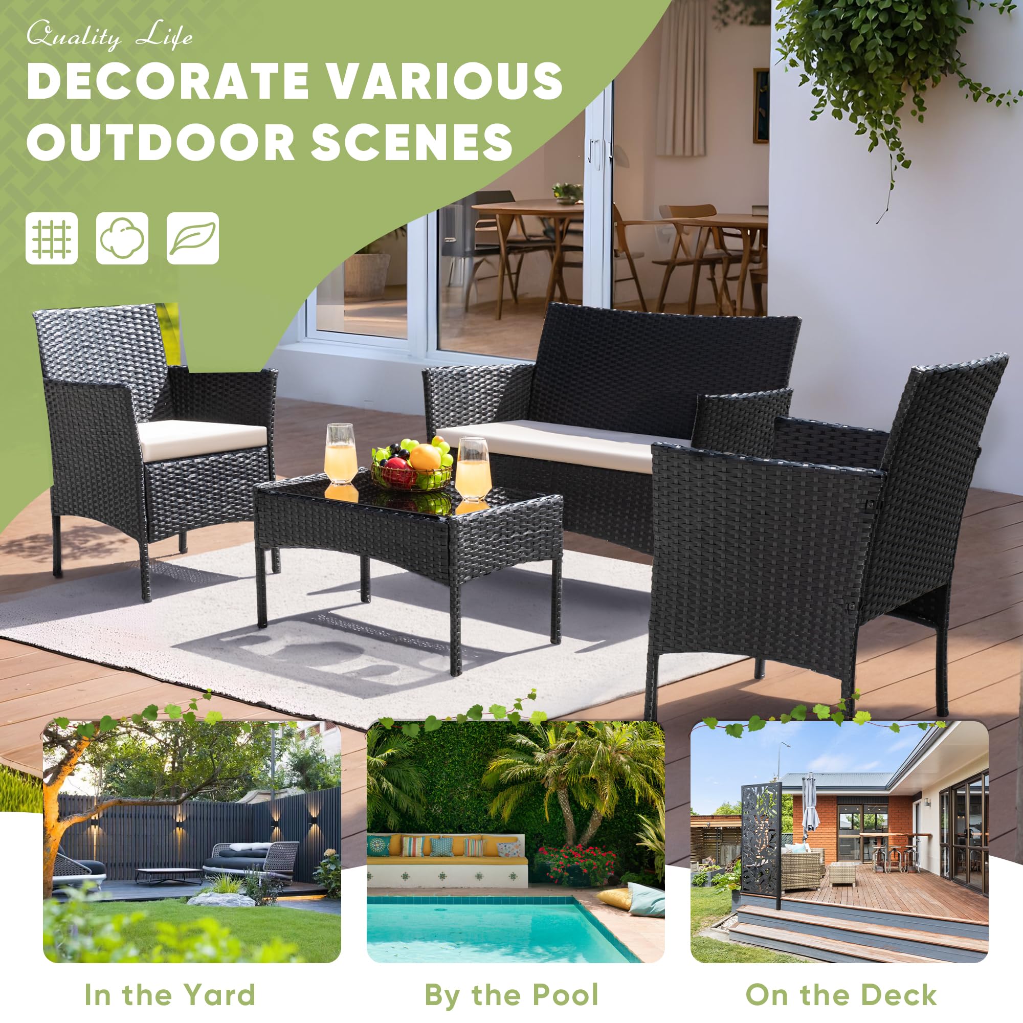 Greesum 4-Piece Outdoor Patio Furniture Set - Wicker Rattan Conversation Chairs with Cushions & Glass Table for Garden, Backyard, Balcony, Porch, Poolside - Black & Beige - Perfect for Relaxing, Entertaining Guests, and Outdoor Dining