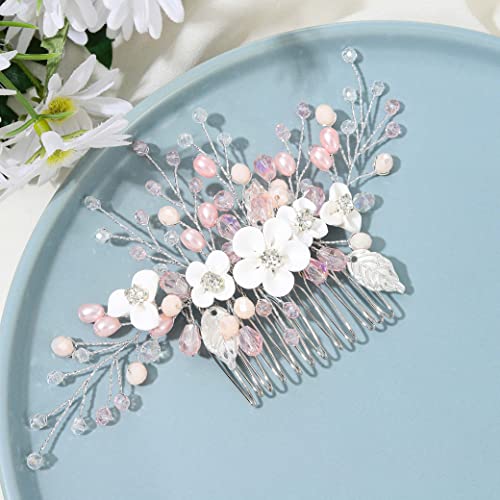 Elegant Silver Bridal Hair Comb with Pink Rhinestones - Crystal Wedding Hair Accessories for Women & Girls - Perfect for Brides, Prom, and Special Occasions