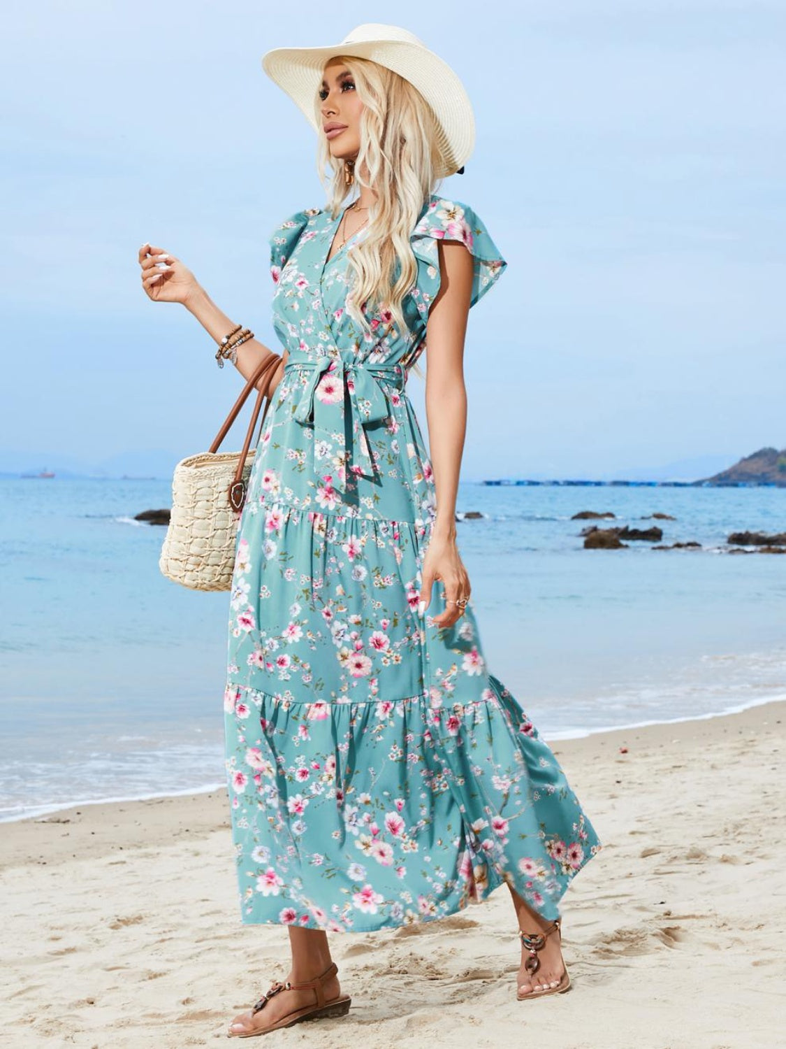 Elegant Ruffled Floral Midi Dress for Women | Summer Beach Vacation & Resort Wear | Perfect for Pool Parties, Tropical Getaways & Evening Dinners