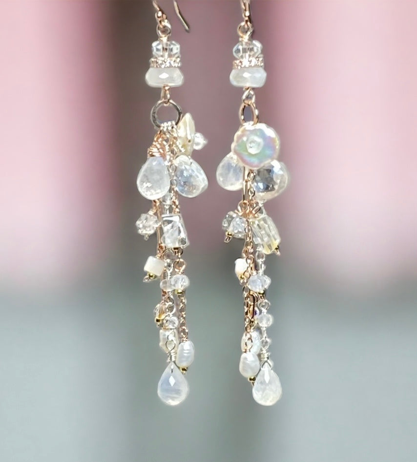 Rose Gold Long Boho Dangle Earrings with Mystic Quartz, Pearl & Moonstone – Perfect for Boho Chic, Festivals & Special Occasions
