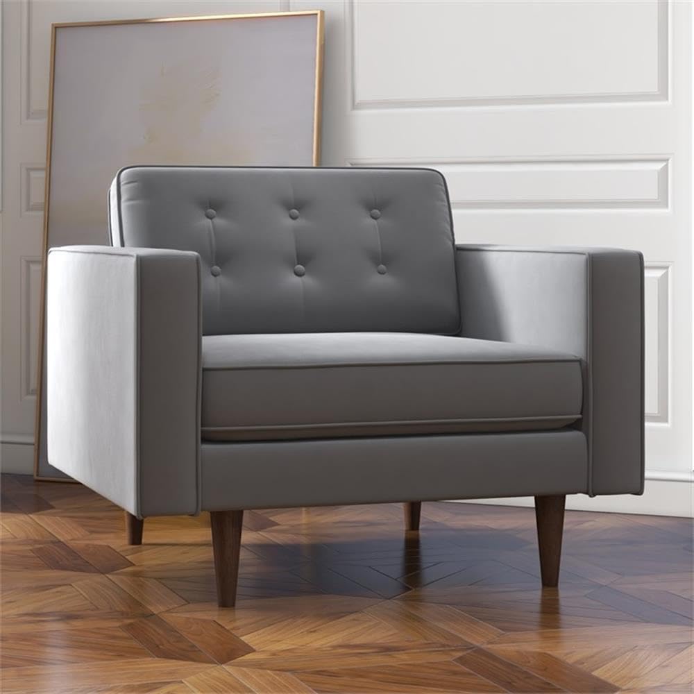 ASHCROFT Harriet Mid Century Modern Velvet Accent Armchair - Gray Upholstered Lounge Chair for Living Room, Bedroom & Office Decor