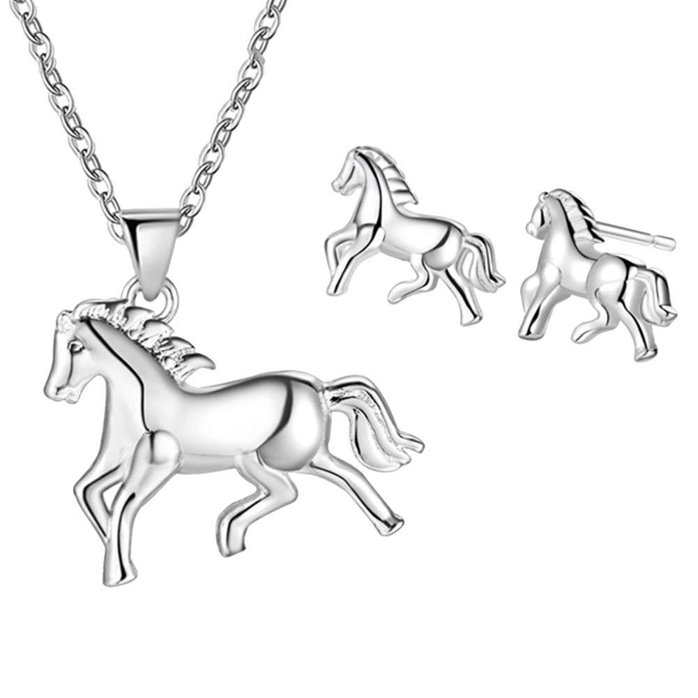 LFOEwpp7 Sterling Silver Plated Horse Pendant Necklace & Stud Earrings Set - Elegant Fashion Jewelry for Women & Girls - Perfect Valentine's Day Gift for Her - Ideal for Date Nights, Parties & Special Occasions