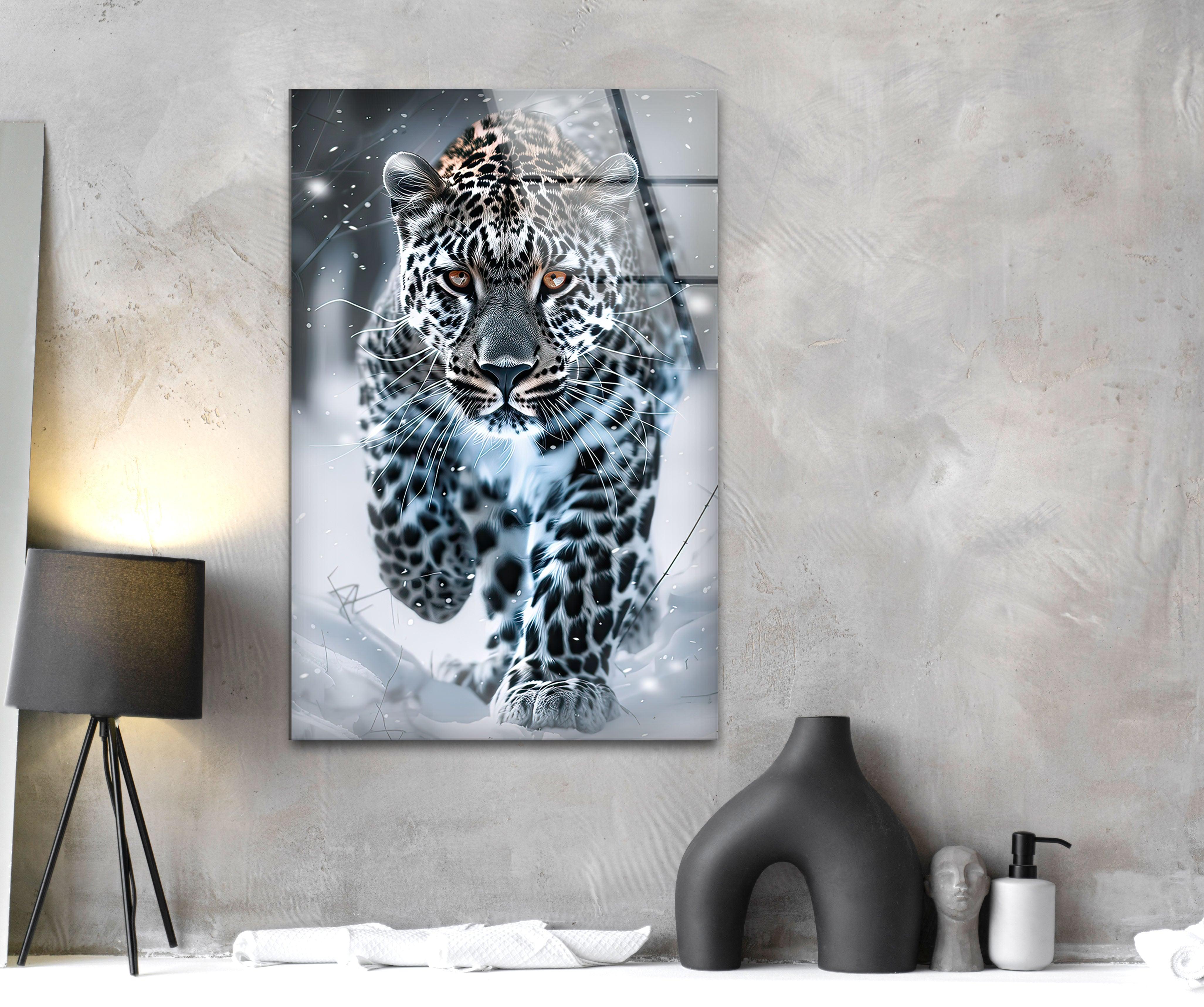 Black and White Leopard Glass Wall Art - Modern Home Decor for Living Room, Bedroom & Office - Elegant Abstract Animal Print Wall Hanging