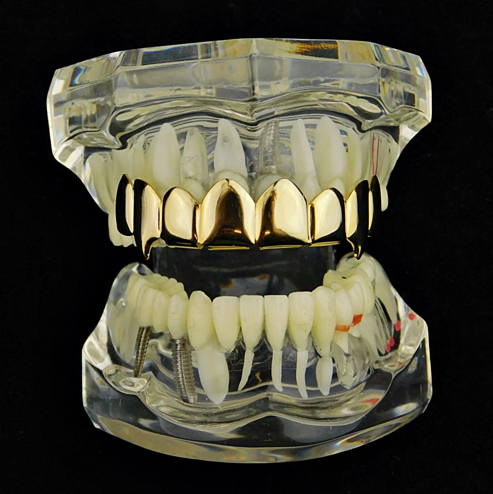 14K Gold Plated Fang Grillz - 8 Top Teeth Vampire Grills for Hip Hop & Halloween Costume | Perfect for Rappers, Performers & Cosplay Enthusiasts