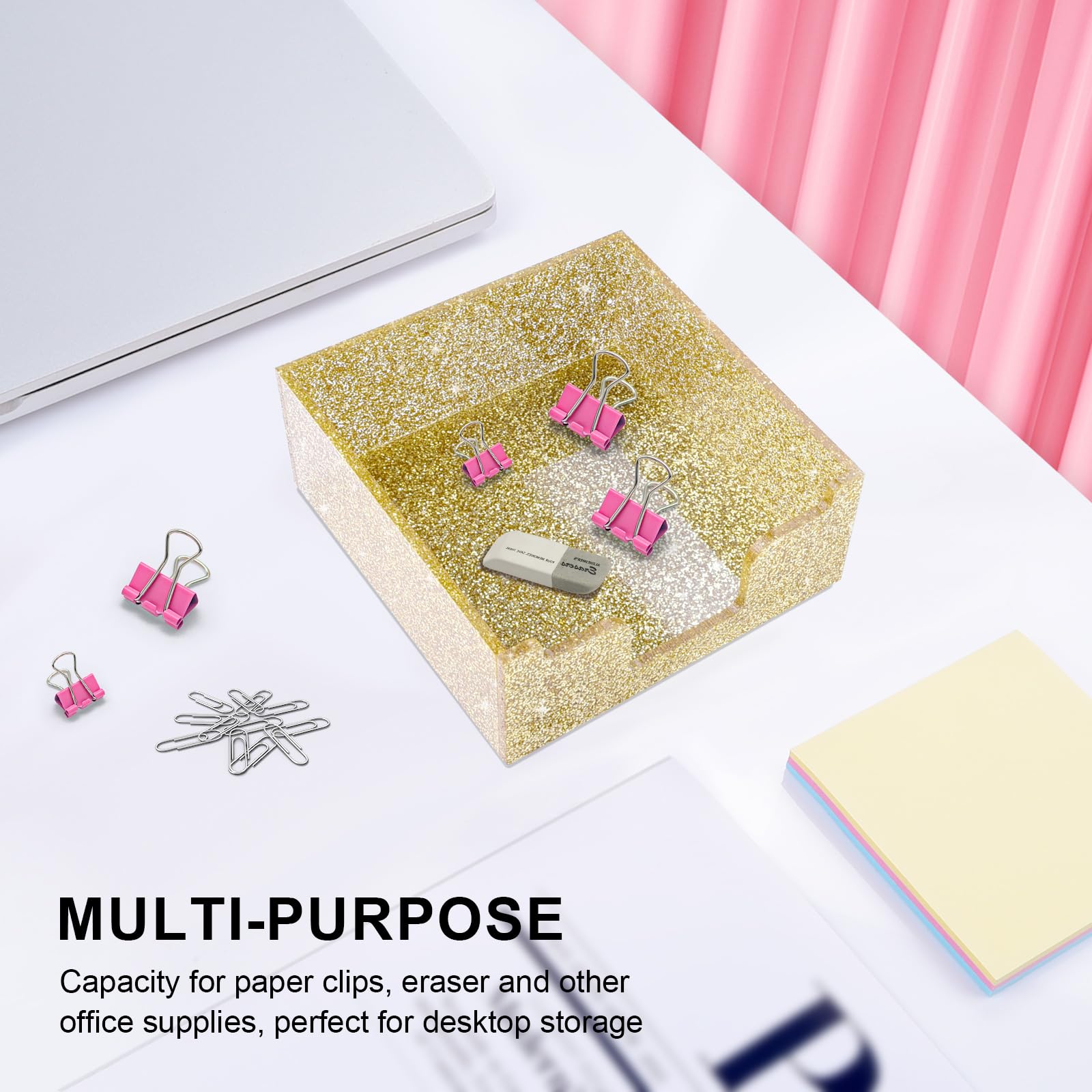 Rouidr Acrylic Sticky Note Holder - 3.94 x 3.94 Inch Glitter Memo Pad Dispenser Organizer for Office, School & Home Desk (Gold) | Perfect for Notes, Reminders & Office Supplies Organization
