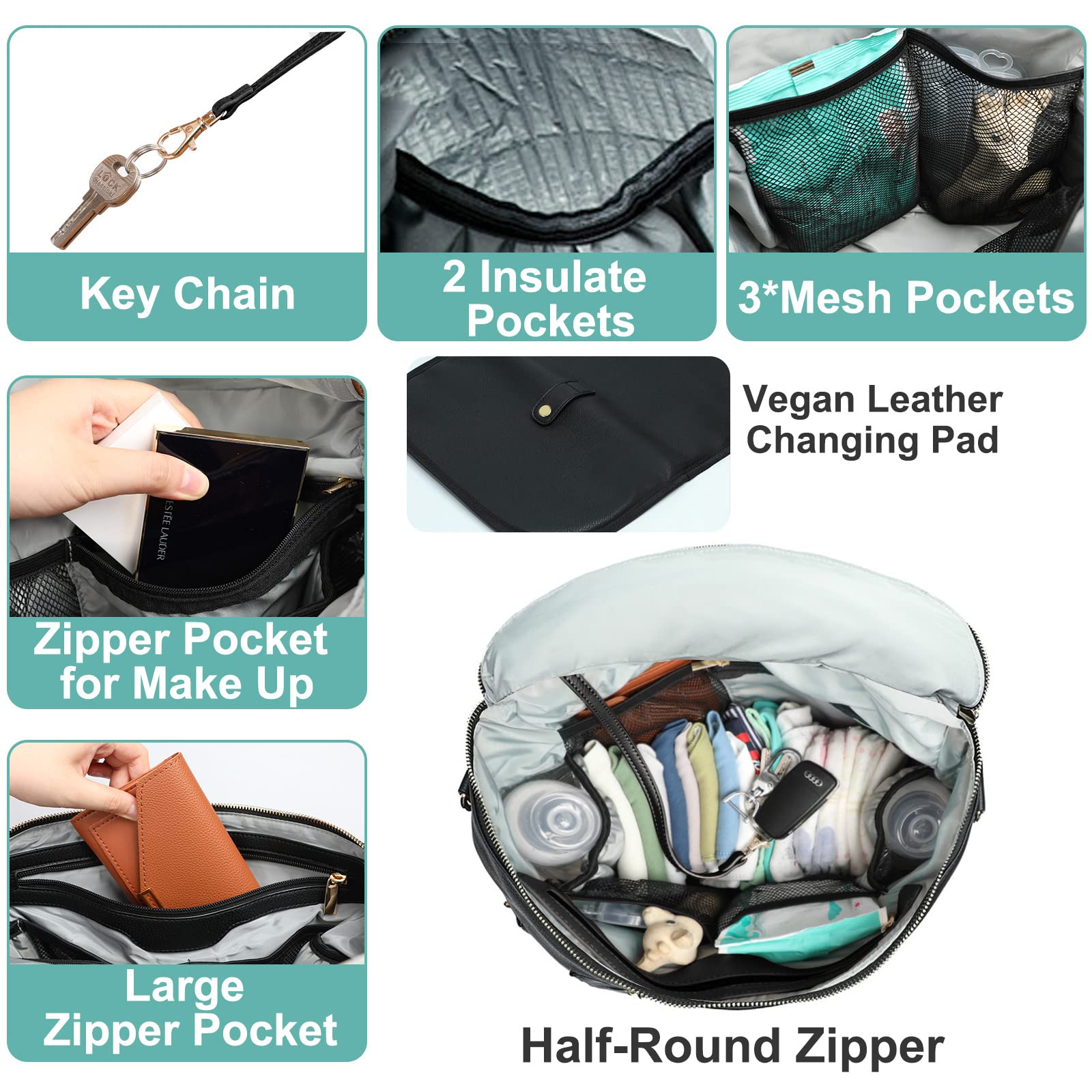Premium Leather Diaper Backpack for Moms & Dads - Waterproof Baby Bag with Laptop Sleeve, Changing Pad, Wipes Pouch & Stroller Straps - Stylish & Functional Diaper Bag for Travel, Work & Everyday Use