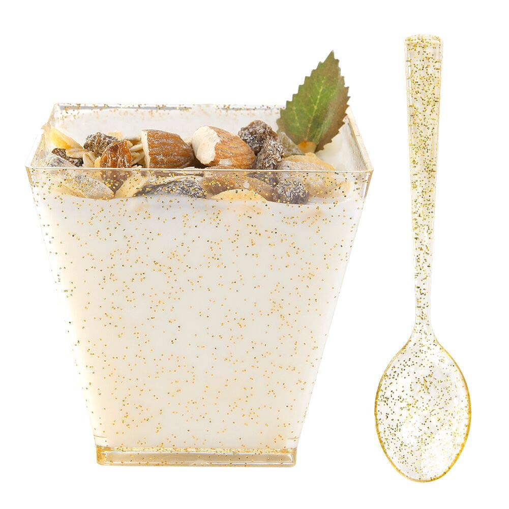 8oz Gold Glitter Disposable Plastic Dessert Cups with Spoons - 51 Pack Square Party Cups for Ice Cream, Pudding, Candy & Dessert Tasting - Elegant Gold Glitter Tasting Spoons Included for Parties, Weddings & Events