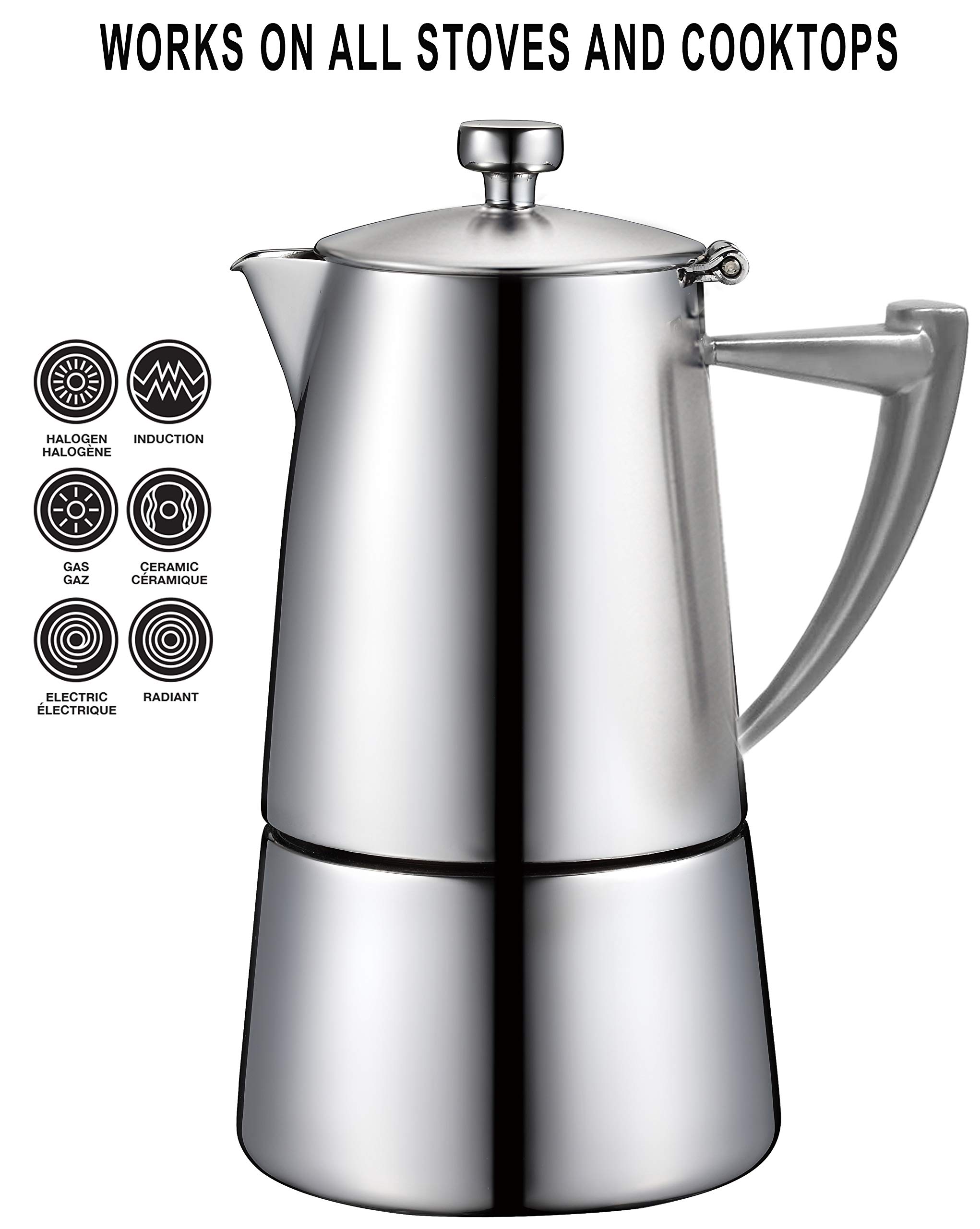 CUISINOX Roma Satin Stainless Steel Moka Pot Stovetop Espresso Maker - 6 Cup Italian Coffee Maker for Home & Office - Perfect for Espresso, Latte & Cappuccino Lovers