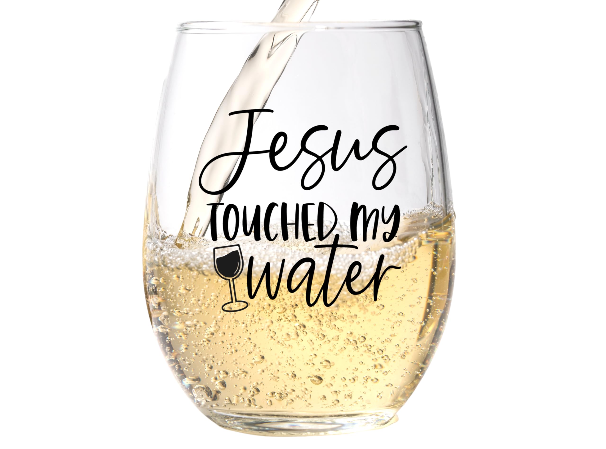 Jesus Touched My Water Funny Wine Glass - 15oz Christian Humor Tumbler, Durable Scratch-Resistant Stemless Wine Cup - Great Stocking Stuffer & Birthday Gift for Women - Printed in USA - Perfect for Bible Study Groups, Church Events & Christian Gift Exchanges