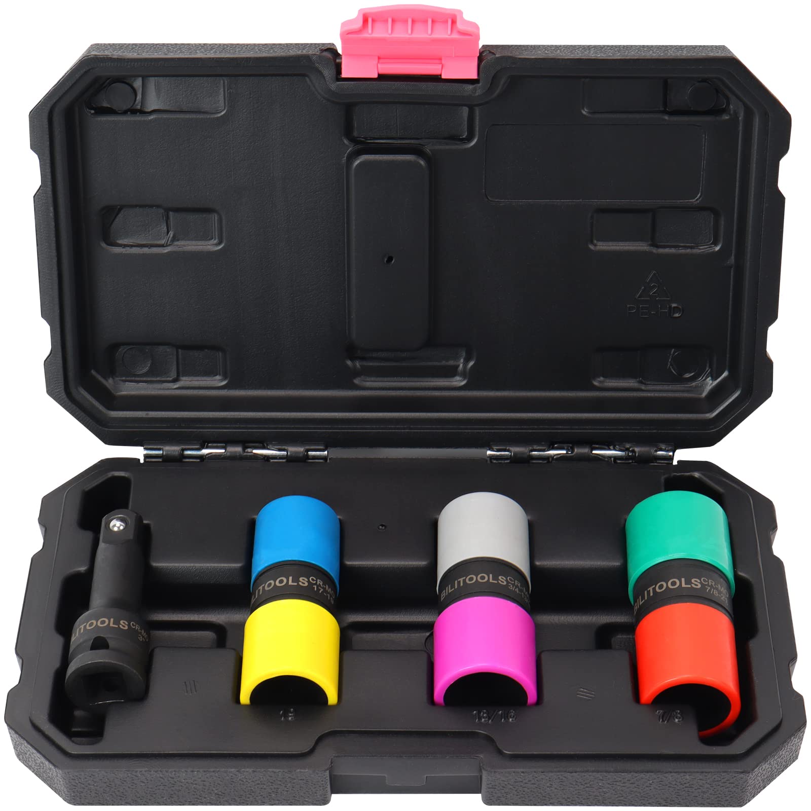 BILITOOLS 1/2 Inch Impact Lug Nut Socket Set - 6-Piece Cr-Mo Flip Socket Kit (17/19/21mm Metric & 3/4/13/16/7/8 Inch SAE) - Non-Marring Thin Wall Wheel Protector - Perfect for Auto Repair, Tire Changes & Truck Maintenance