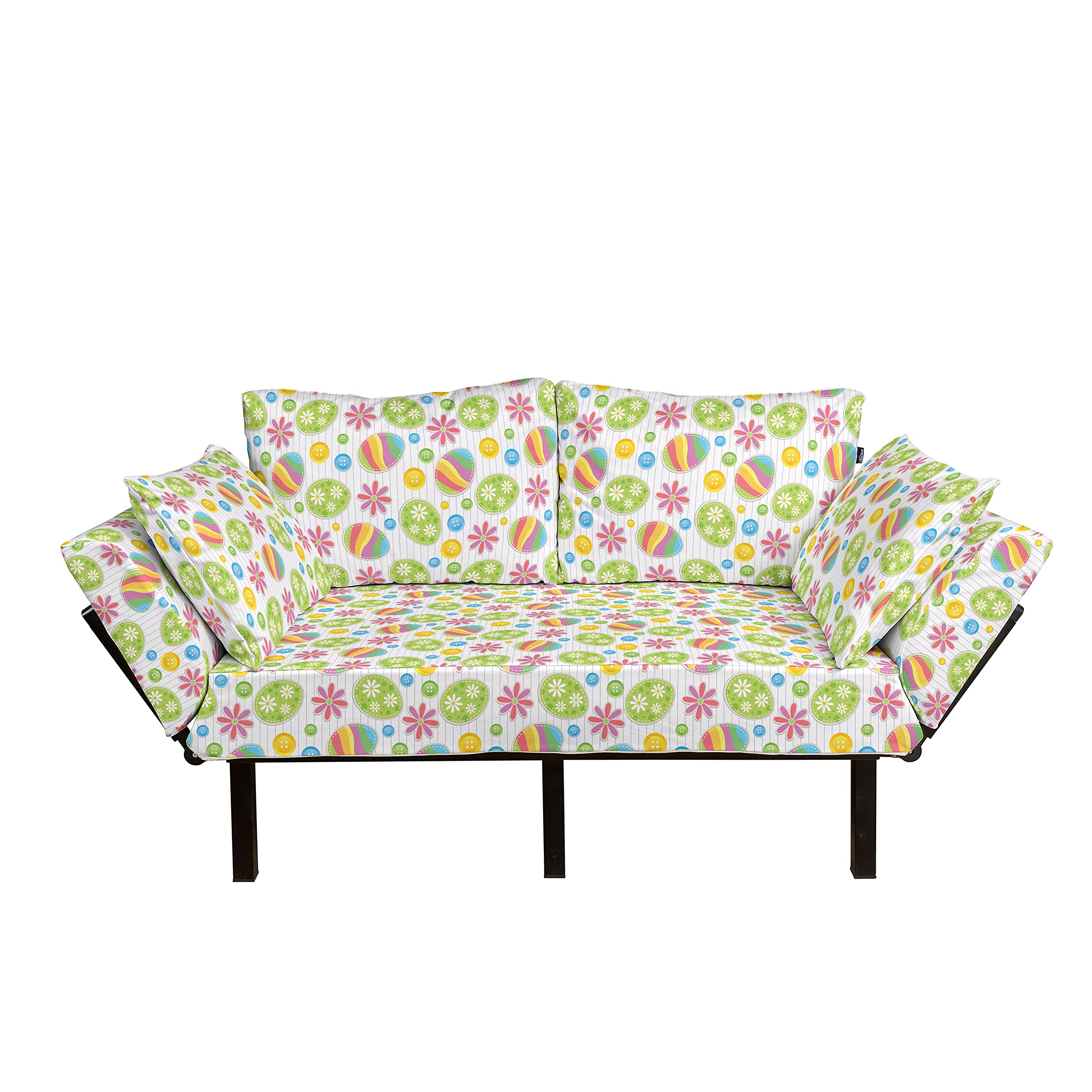Ambesonne Easter Futon Couch - Patchwork Style Scrapbook Design with Daisy Buttons & Egg Print, Upholstered Metal Frame Daybed Sofa for Living Room, Dorm, Loveseat - Perfect for Spring Decor & Small Space Furniture (Multicolor)