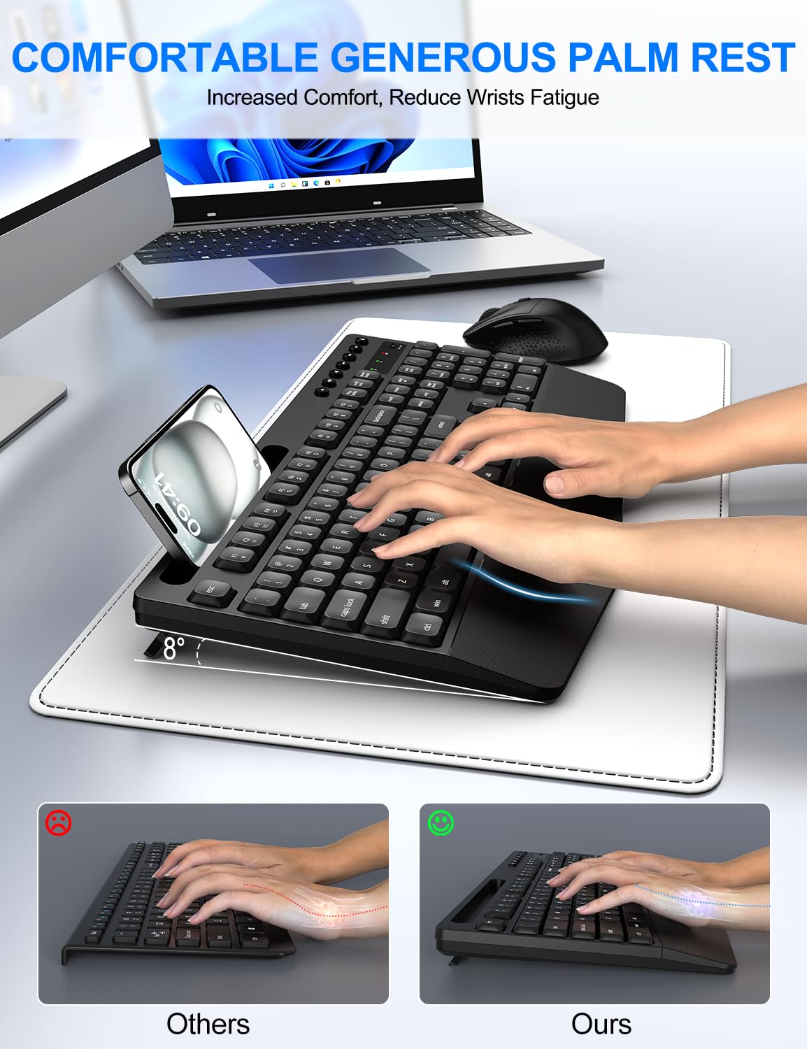 EDJO Wireless Keyboard and Mouse Combo - Full Size Ergonomic Computer Keyboard with Wrist Rest, Phone Holder & Silent 2.4GHz Mouse for PC, Laptop, Windows (Home Office, Gaming, Work from Home Setup)