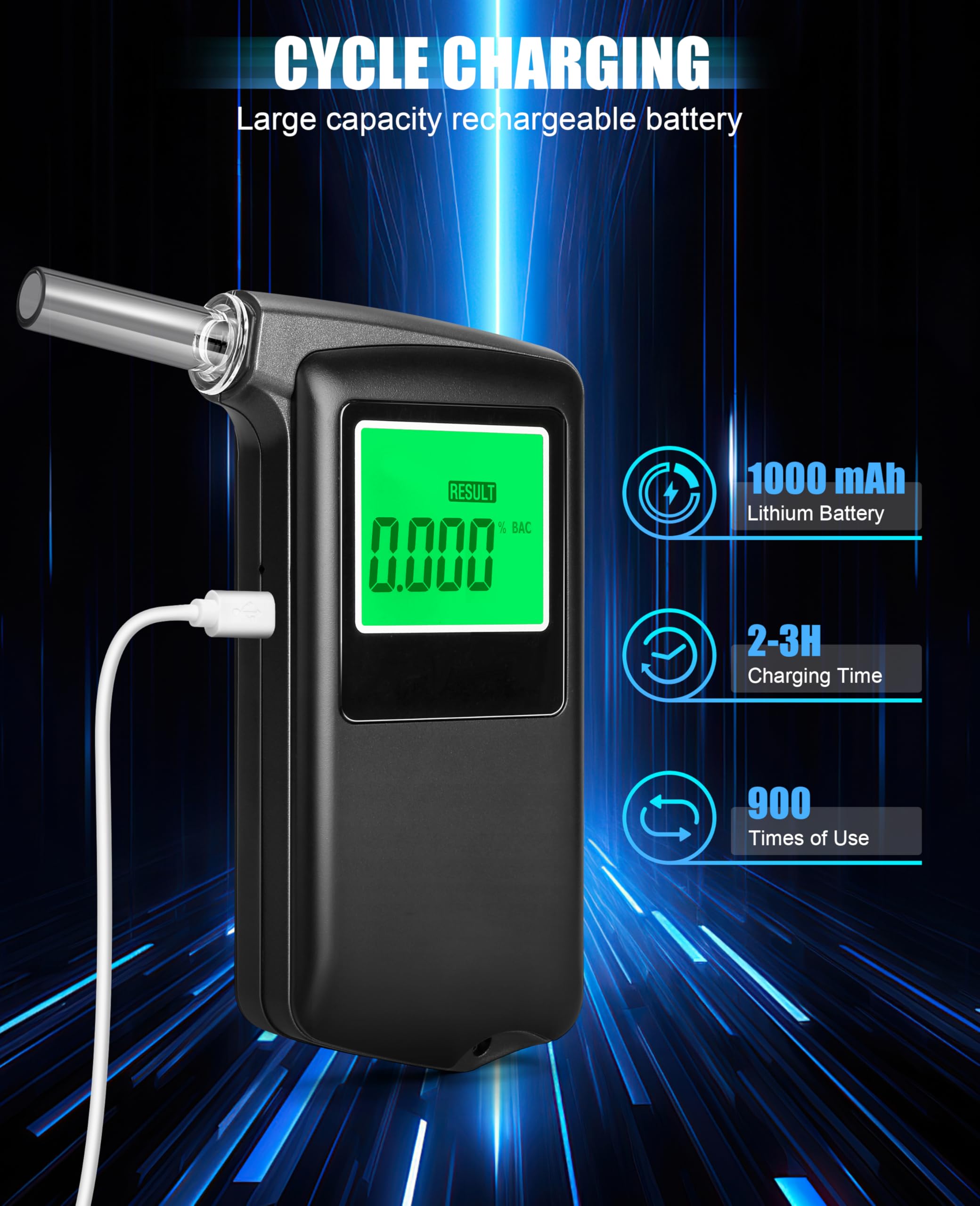 Professional-Grade High Accuracy Portable USB Rechargeable Alcohol Tester with LCD Digital Display - 10 Mouthpieces Included | Home & Personal Use, Workplace Safety, DUI Prevention, Party Safety Check