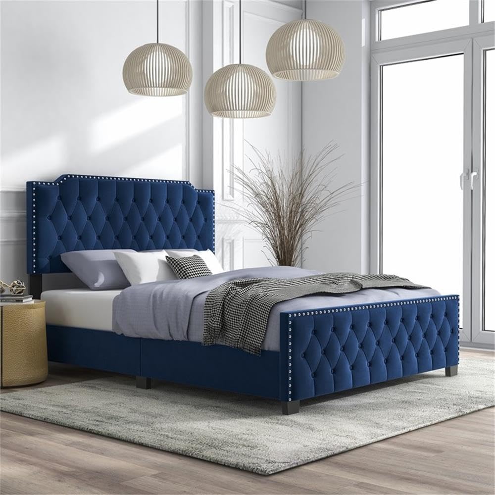 Furniture of America Chetana Navy Blue Tufted Full Upholstered Wood Bed Frame - Queen Size Platform Bed with Solid Wood Legs for Modern Bedroom Decor