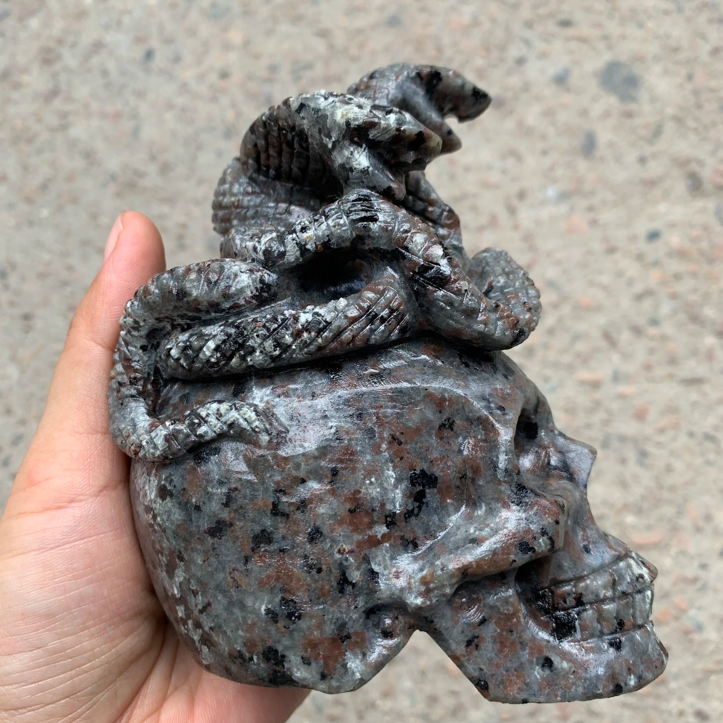 Natural Yooperlite Stone Carved Skull with Snake-Shaped Crystal - Handcrafted Statue for Home Decor, Office Display & Spiritual Healing