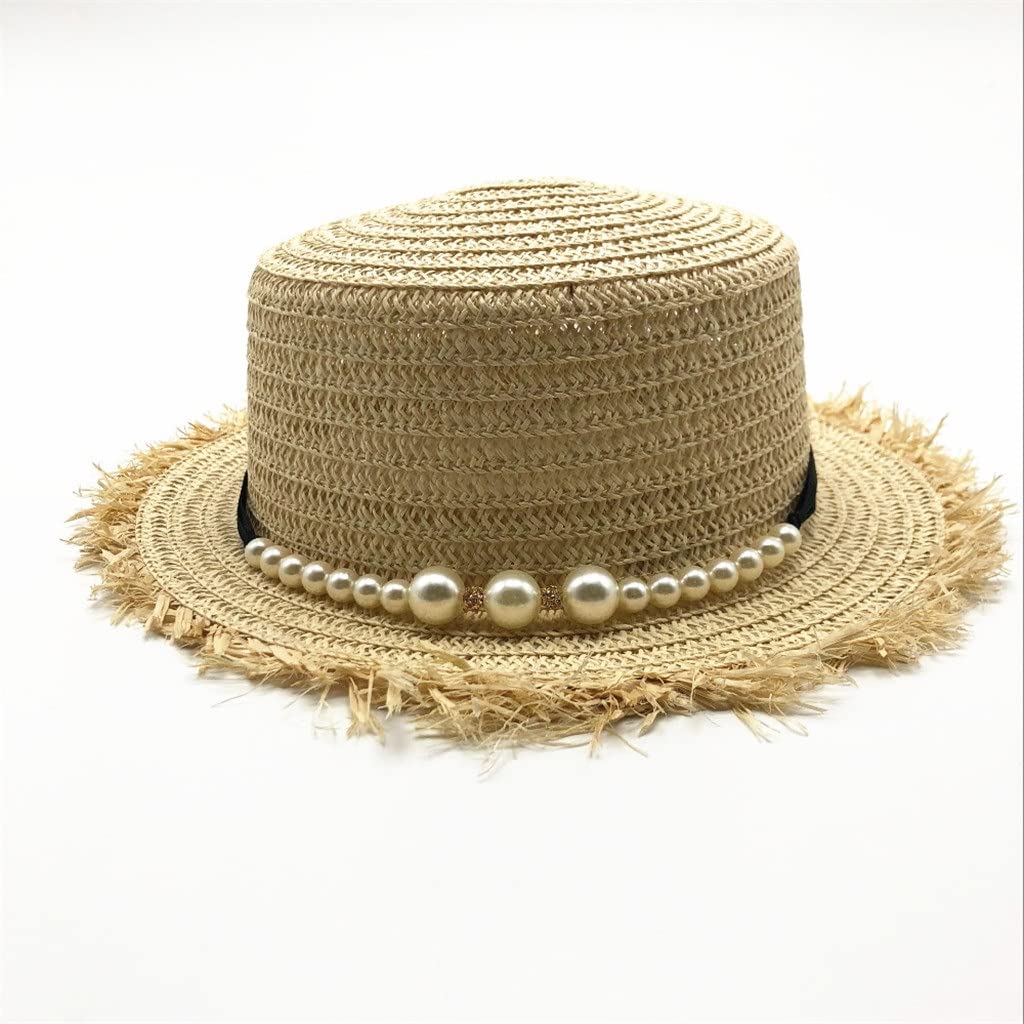 MOUMI Women's Wide Brim Straw Hat - UPF 50+ Sun Protection, Adjustable Chin Strap, Floral Pearl Embellishments for Beach, Vacation, Outdoor, and Summer Fashion (Color: D, Size: 55-58cm) - Perfect for Beach Trips, Garden Parties, and Resort Wear
