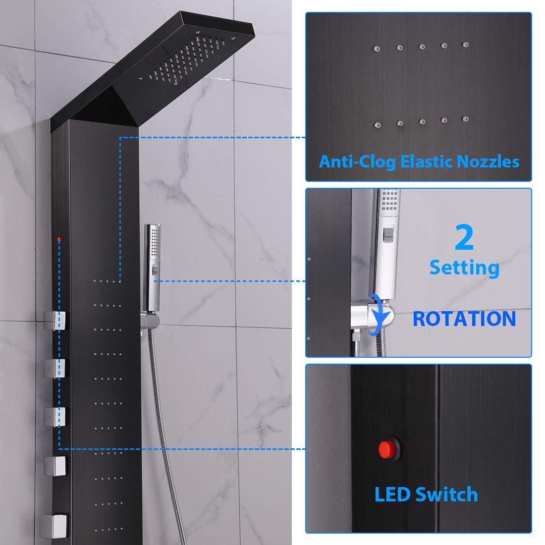 Premium LED Shower Panel Tower with Rainfall Shower Head & Body Massage Jets - Brushed Black Finish for Luxurious Spa Experience | Perfect for Master Bathroom, Hotel Suites & Relaxing Home Spa Retreats