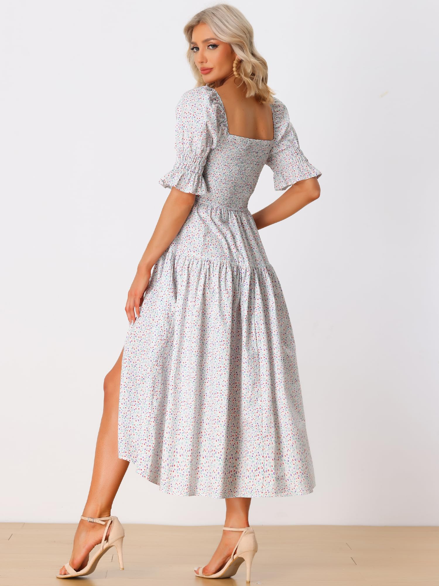 Allegra K Women's Floral Peasant Dress - Square Neck, Short Puff Sleeve, Smocked Waist | Perfect for Summer, Beach, Vacation & Casual Outings