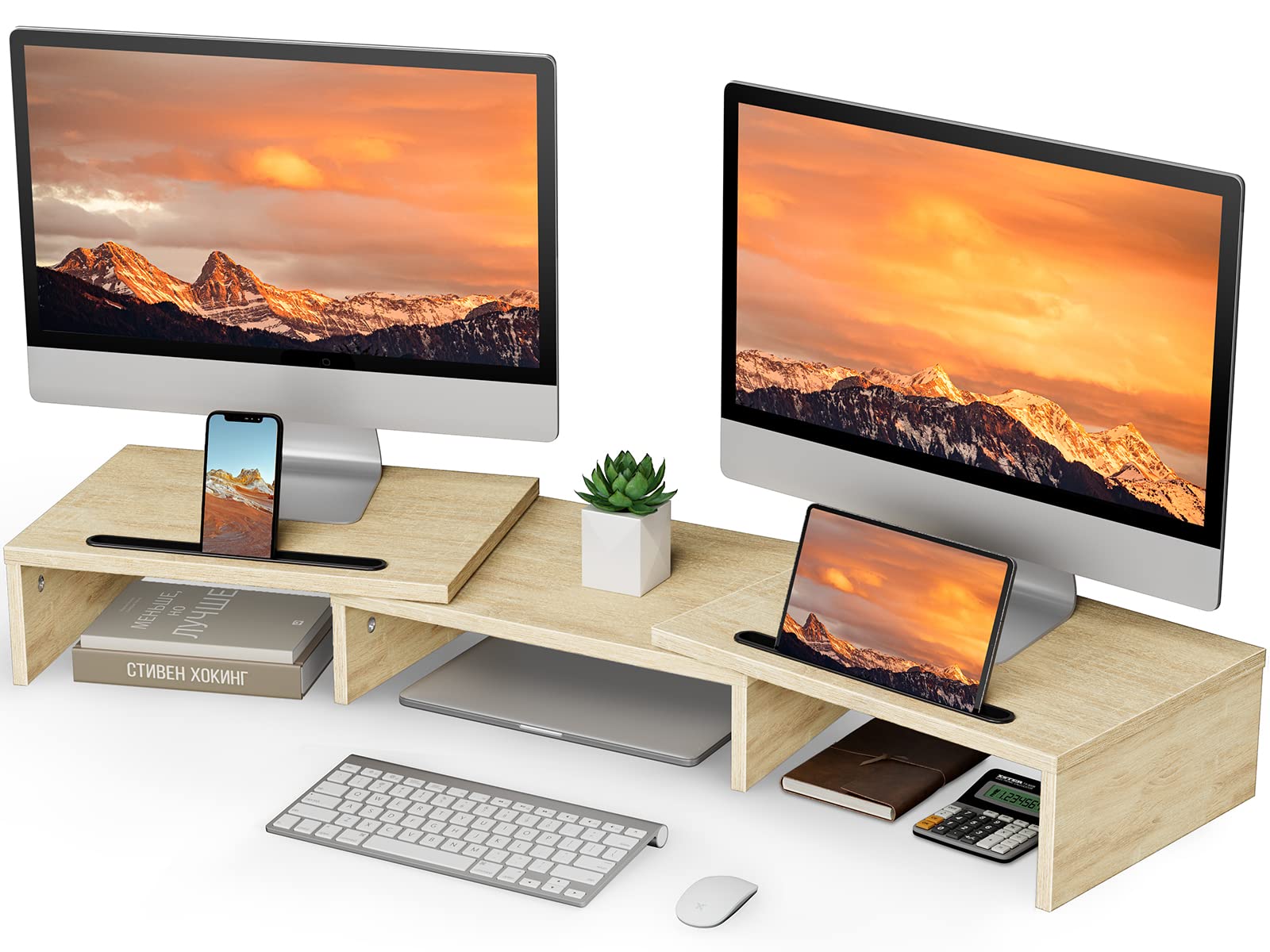 LORYERGO Adjustable Dual Monitor Stand with Tablet Slot & Storage, Ergonomic Desk Riser for PC, Laptop, Printer - Perfect for Home Office & Gaming Setup