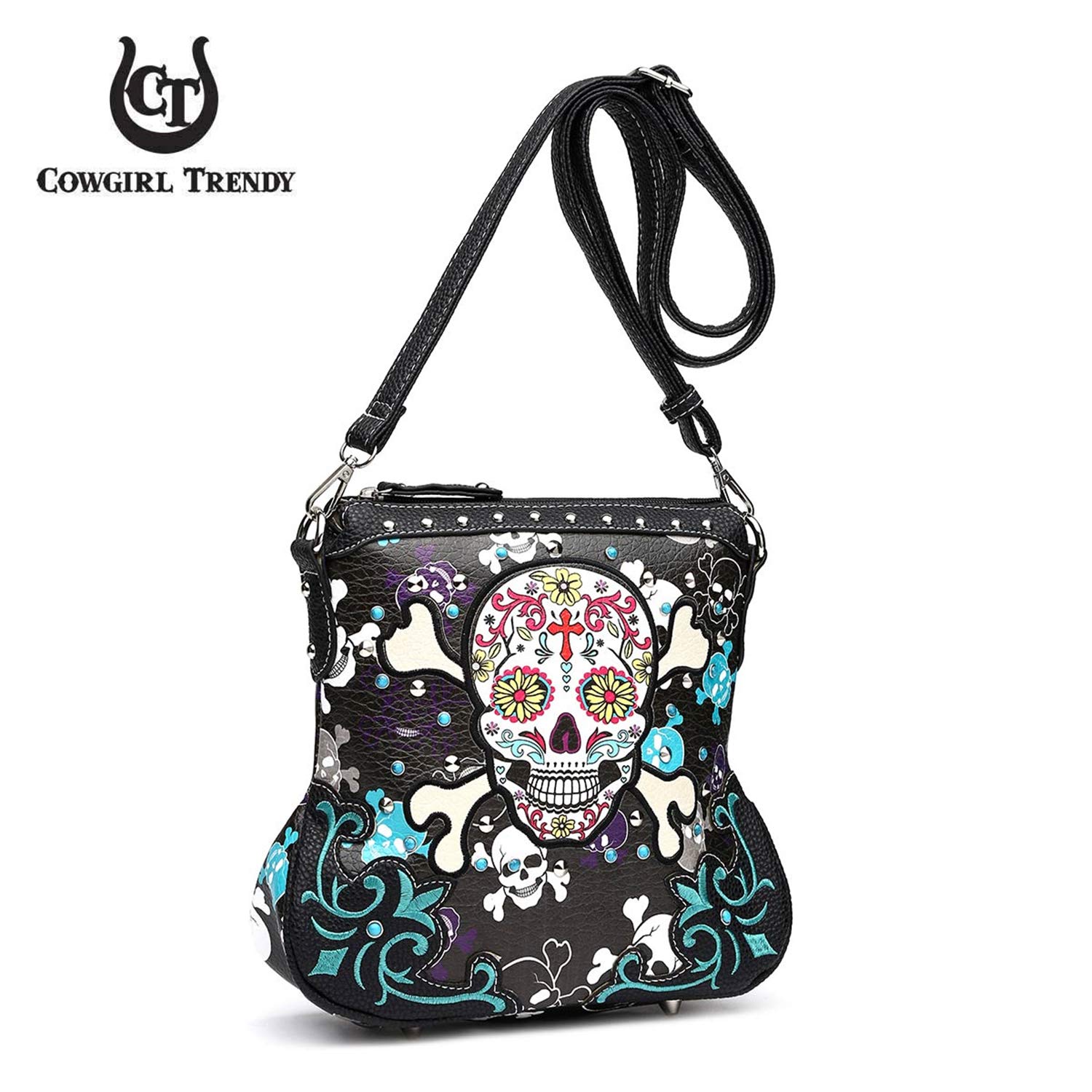 Stylish Sugar Skull Day of the Dead Metallic Crossbody Purse - Gothic Skeleton Leather Handbag for Women | Perfect for Halloween, Dia de los Muertos & Rock Concerts
