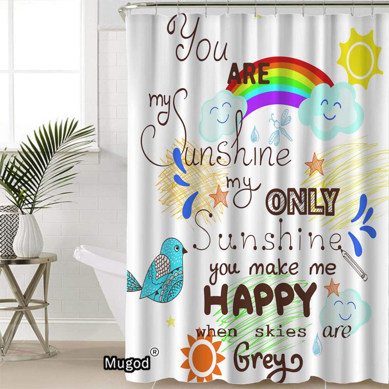 You Are My Sunshine Shower Curtain - Waterproof Fabric Bathroom Decor with Bird, Cloud, Rainbow & Sun Design (60x72 Inches) - Includes 12 Hooks | Perfect for Kids' Bathroom, Nursery, or Cheerful Home Decor