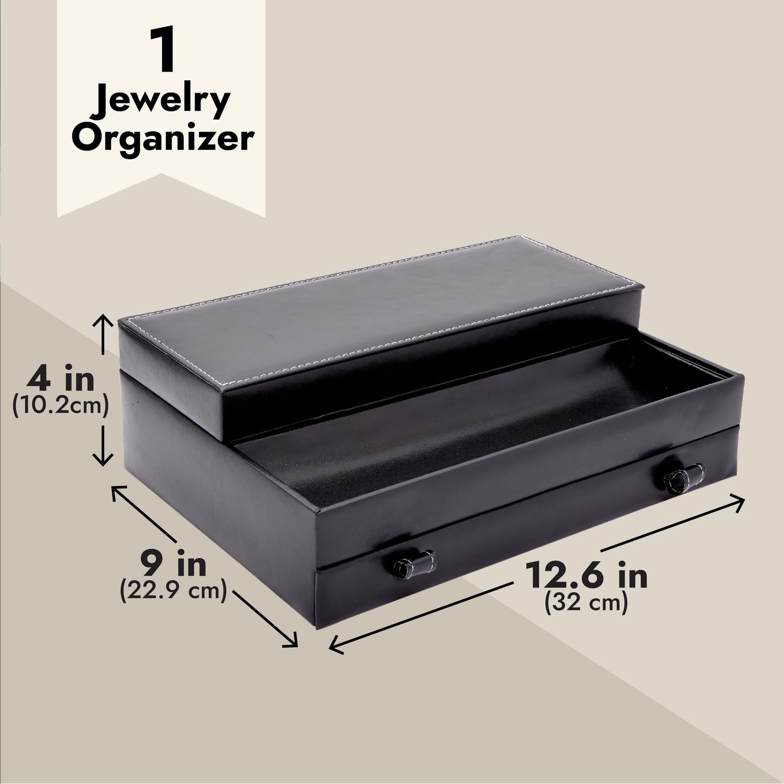 Juvale Faux Leather Men's Jewelry Organizer - Black Watch Box with Leather Valet Tray for Necklaces, Rings & Accessories - 12.6 x 9 x 4 Inch Home Storage Solution for Dresser, Closet & Travel