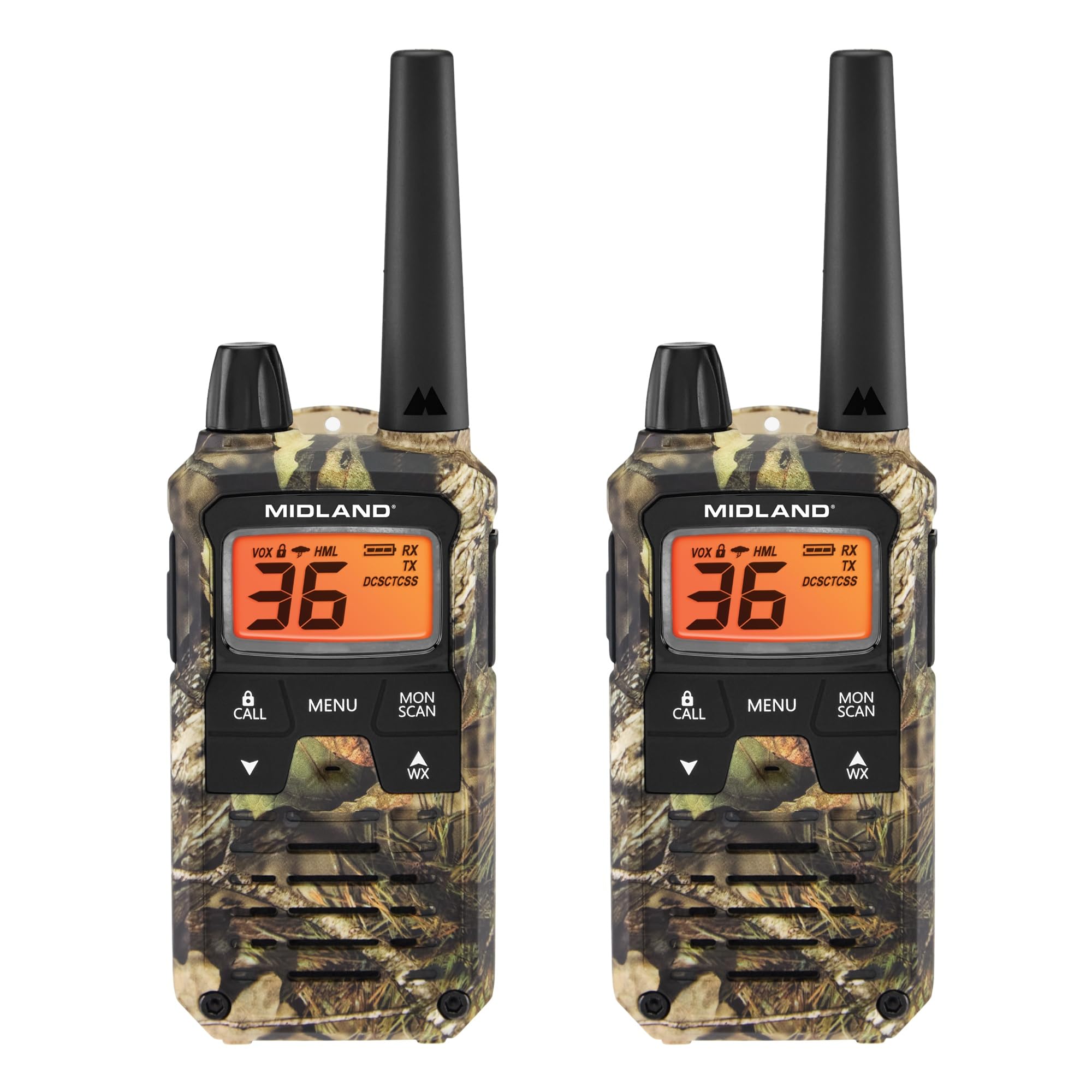 Midland T295VP4 X-TALKER Walkie Talkies - 22 GMRS Channels, Two-Way Radio with NOAA Weather Alerts & Scan Technology - Dual Power Options, 121 Privacy Codes, Silent Operation - Camouflage (Set of 2) - Perfect for Outdoor Adventures, Hiking, Camping & Emergency Communication