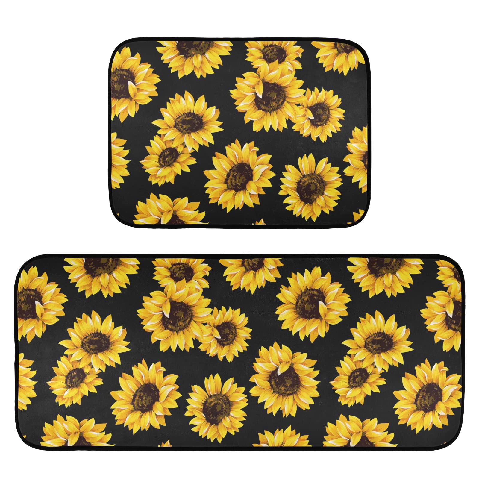 CaTaKu Non-Slip Watercolor Sunflower Kitchen Rug Set of 2 - Washable Polyester Floor Mats with Floral Design, Anti-Fatigue Standing Mat for Kitchen, Laundry, Sink & Office - Perfect for Home Decor, Comfortable Cooking & Workspaces