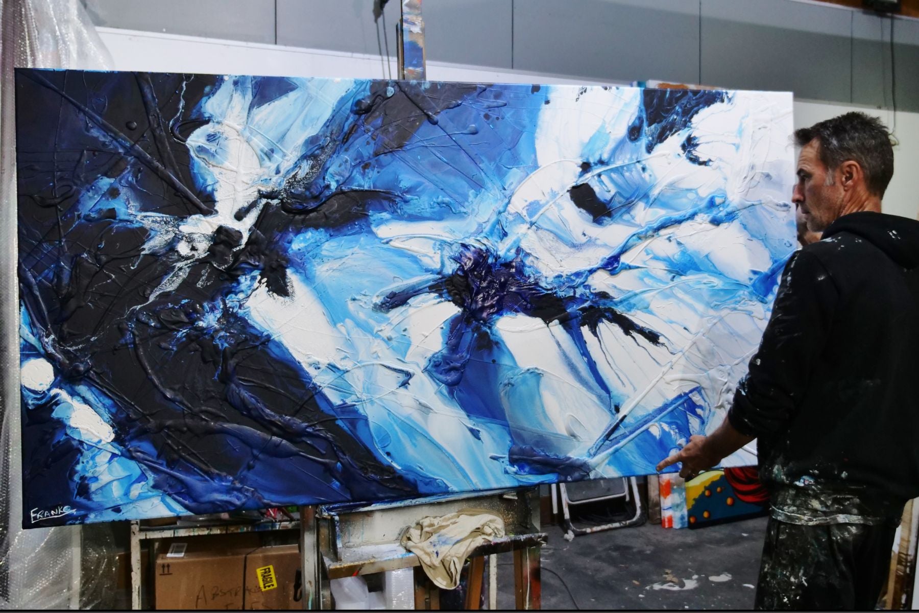 Blue Static 190cm x 100cm Abstract Textured Painting in Blues, White & Black - Perfect for Modern Living Room, Bedroom or Office Wall Decor