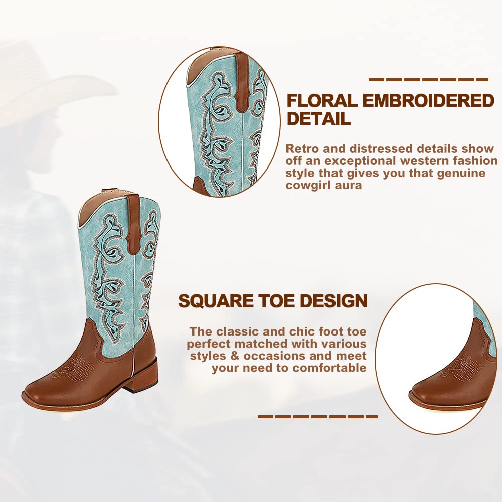 Tscoyuki Women's Floral Embroidered Cowboy Boots - Fashion Western Pointed Toe Mid Calf Boots with Chunky Low Heel | Perfect for Country Music Festivals, Rodeos & Western Style Outfits