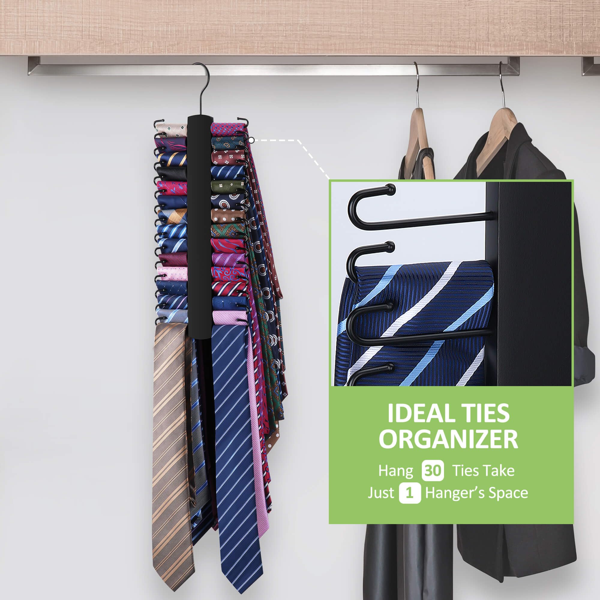 Upgraded Wooden Tie Rack Hanger with 30 Metal Hooks - Space Saving Necktie Organizer for Men's Closet - Large Capacity Sturdy Tie Holder for Office, Home & Travel - Black Closet Storage Organizer