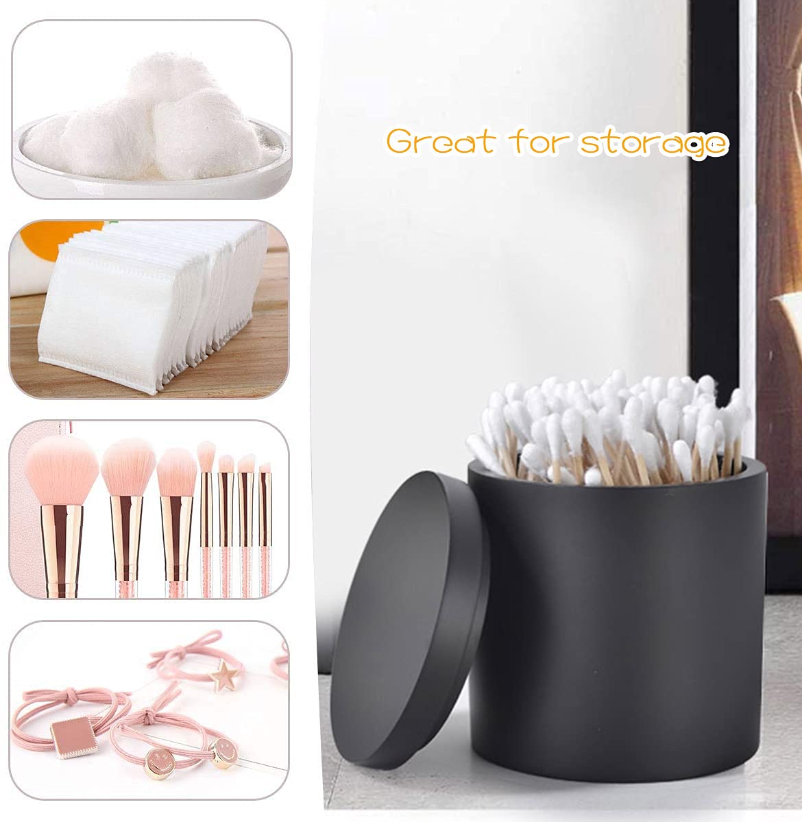 Cotton Swab Holder with Lid - Matte Black Bathroom Organizer for Qtips & Makeup