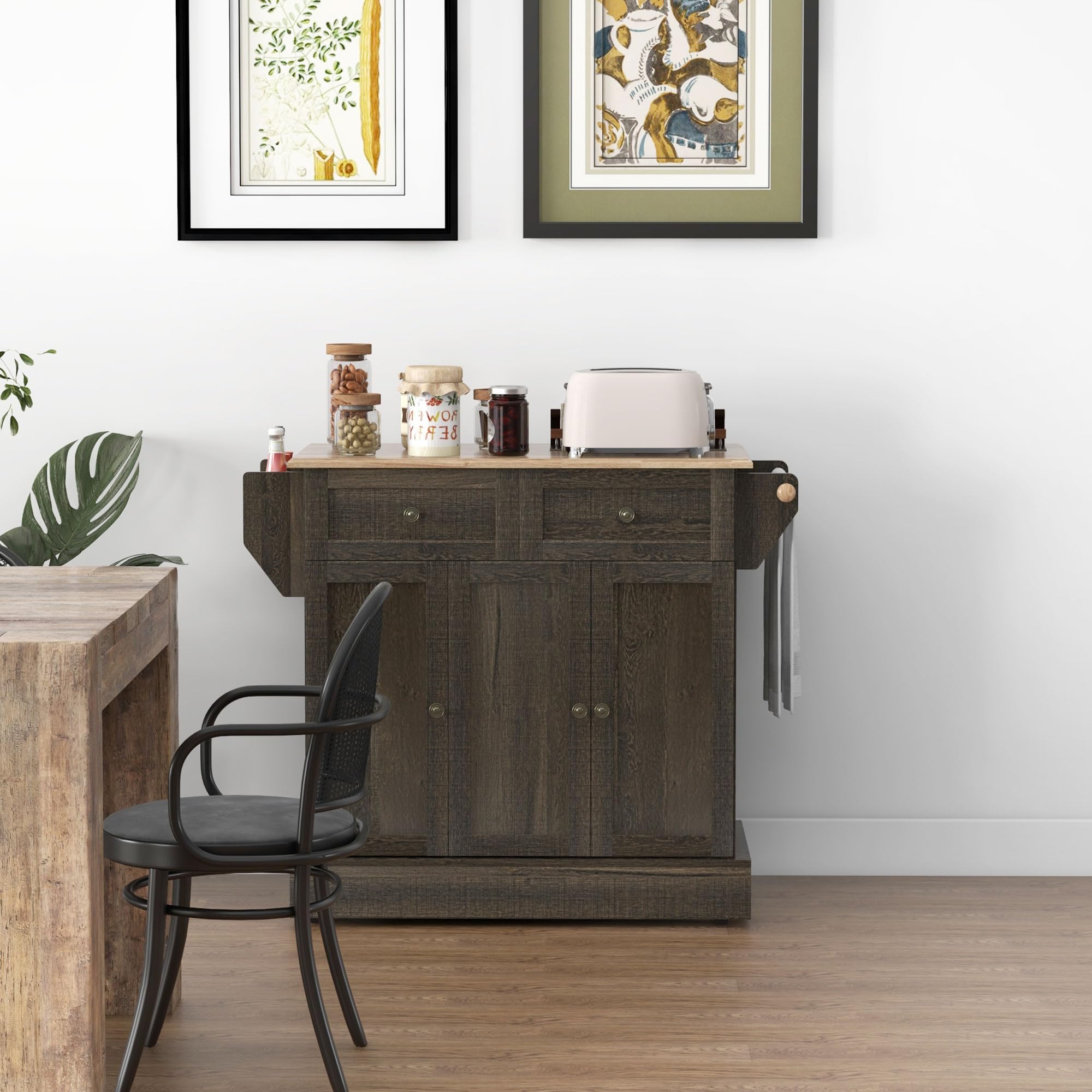 HOMCOM Triple-Cabinet Kitchen Island with Wheels - Rolling Storage Cabinet with Drawers, Wood Countertop, Towel Rack & Spice Stand - Distressed Brown Finish for Modern Farmhouse Kitchen, Dining Room or Small Space Organization