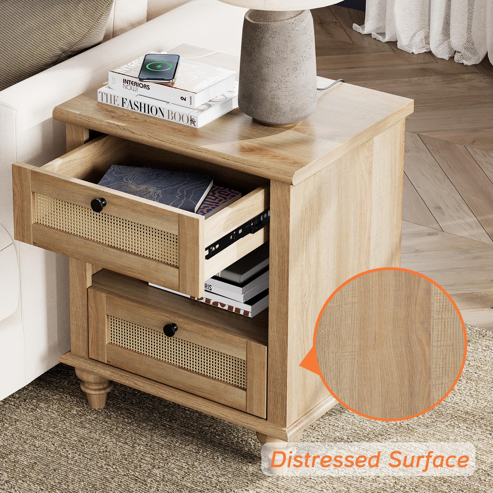 WAMPAT 3-Piece Farmhouse Bedroom Set - Oak Dresser with 6 Drawers & 2 Rattan Nightstands with Charging Stations | Rustic Bedroom Furniture for Master Bedroom, Guest Room or Dorm | Storage Solution & Nightstand Convenience