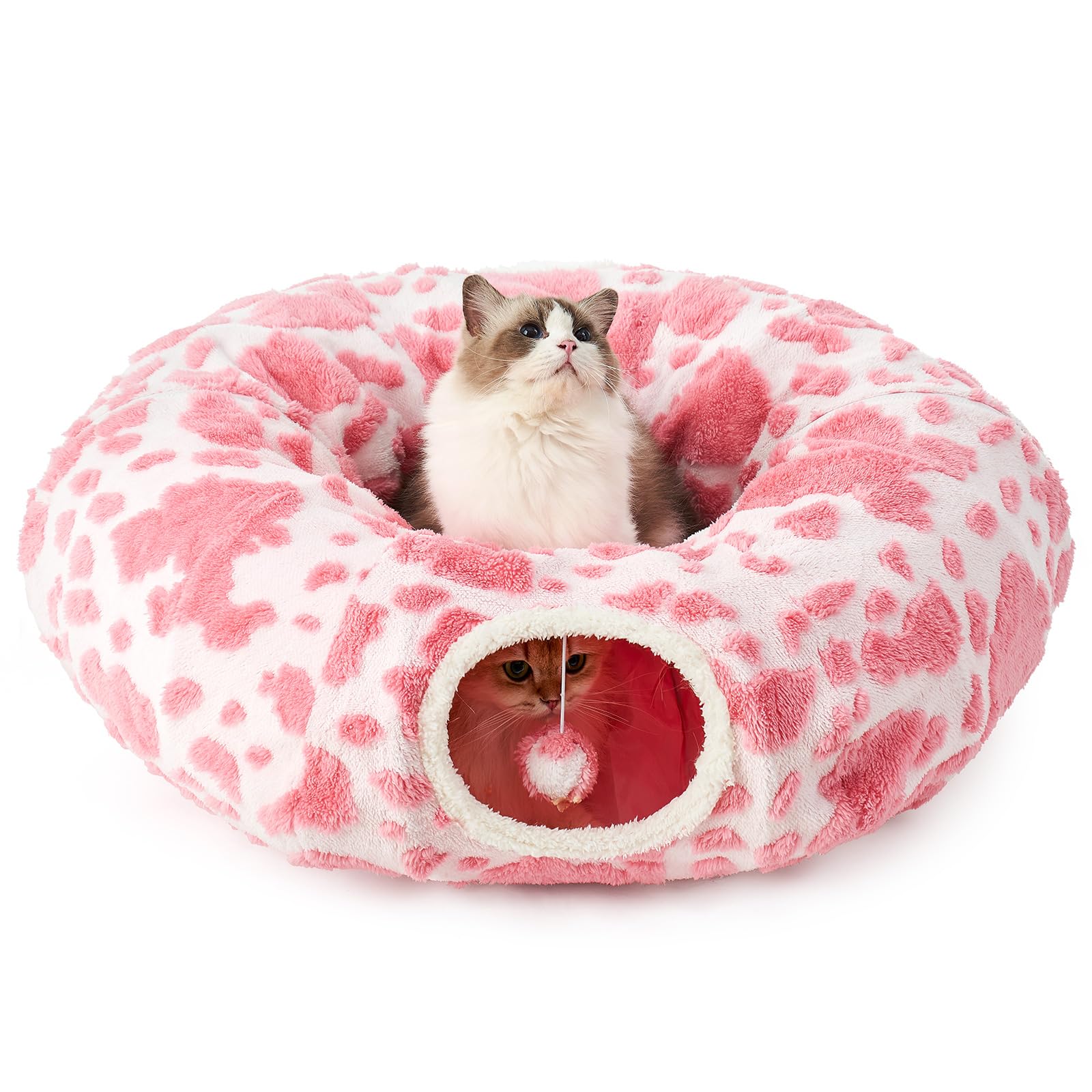 Foldable Cat Tunnel Bed for Indoor Cats - Washable Cushion & Cute Donut Design - Perfect for Kittens, Puppies & Rabbits - Pink & White (Great for Playtime, Napping & Small Pet Hideouts)