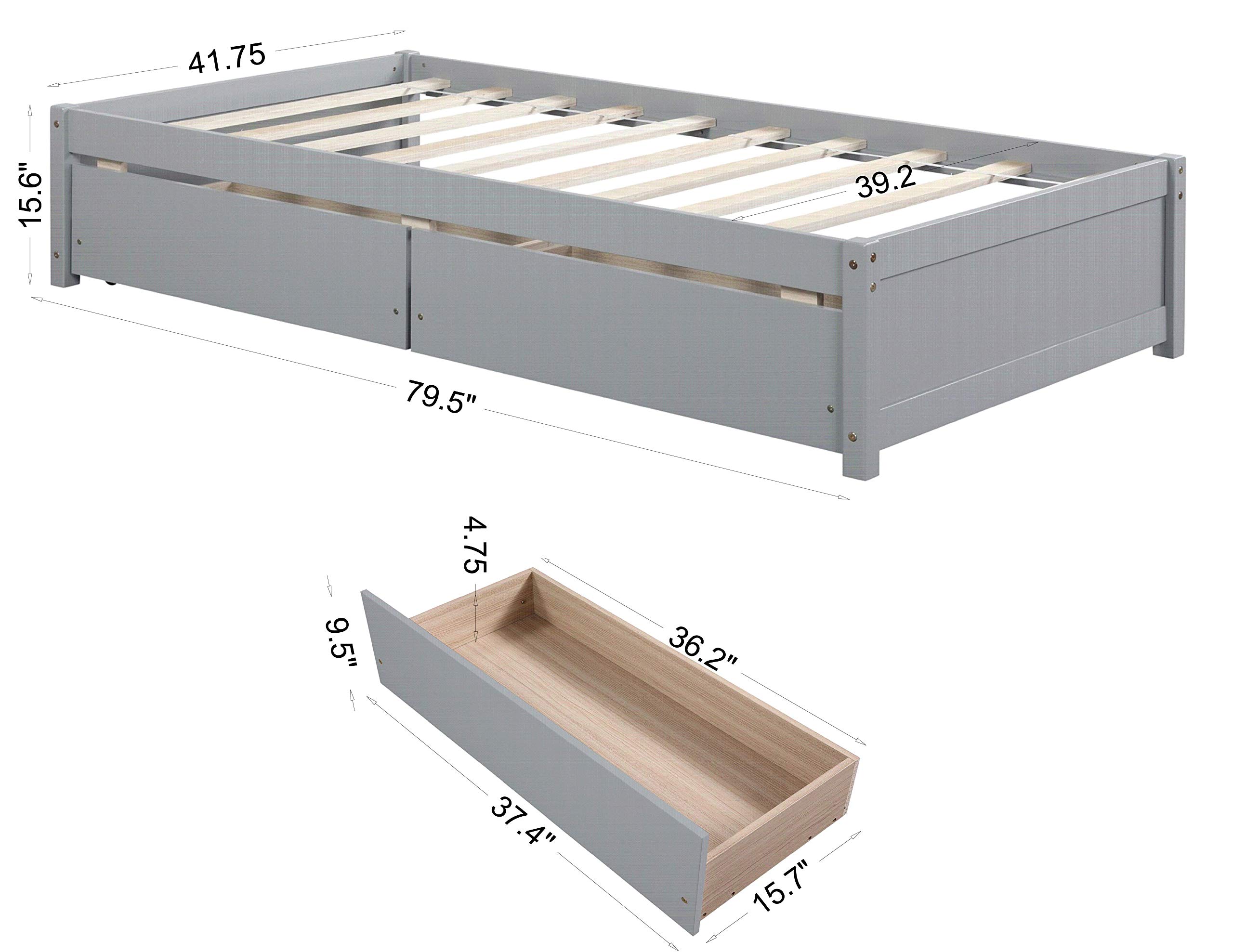 JULYFOX Twin Daybed Frame with 2 Storage Drawers - Sturdy Pine Wood Construction, No Headboard or Box Spring Needed - Space Saving Low Profile Design for Kids, Teens & Adults - Gray - Perfect for Small Bedrooms, Guest Rooms & Dorm Rooms