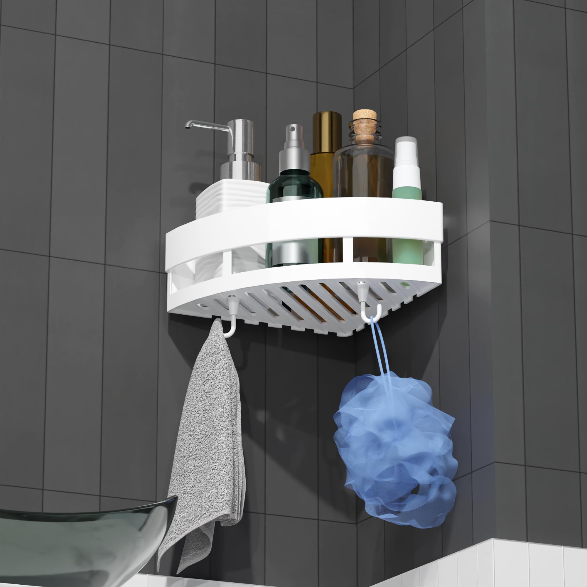 QXORE No-Drill Plastic Bathroom Shelf & Cabinet - Space-Saving Corner Storage Organizer for Bathroom & Kitchen Accessories (White, 1-Pack) - Perfect for Small Spaces, Apartments & Rental Homes