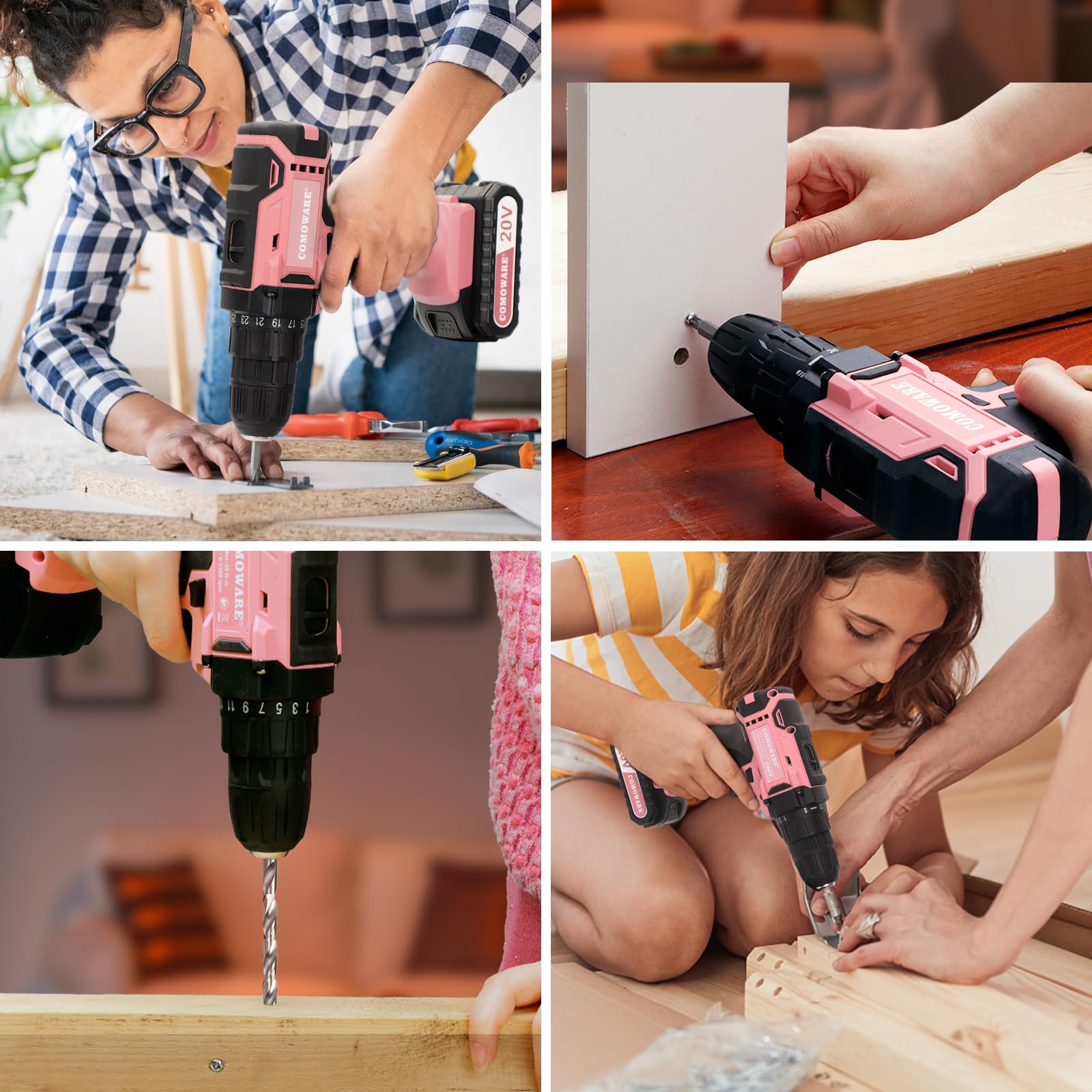 COMOWARE 171-Piece Pink Power Tool Kit for Women - 20V Cordless Drill, Home Repair Tools with Storage Bag - Perfect for DIY Projects, Home Maintenance & Small Repairs