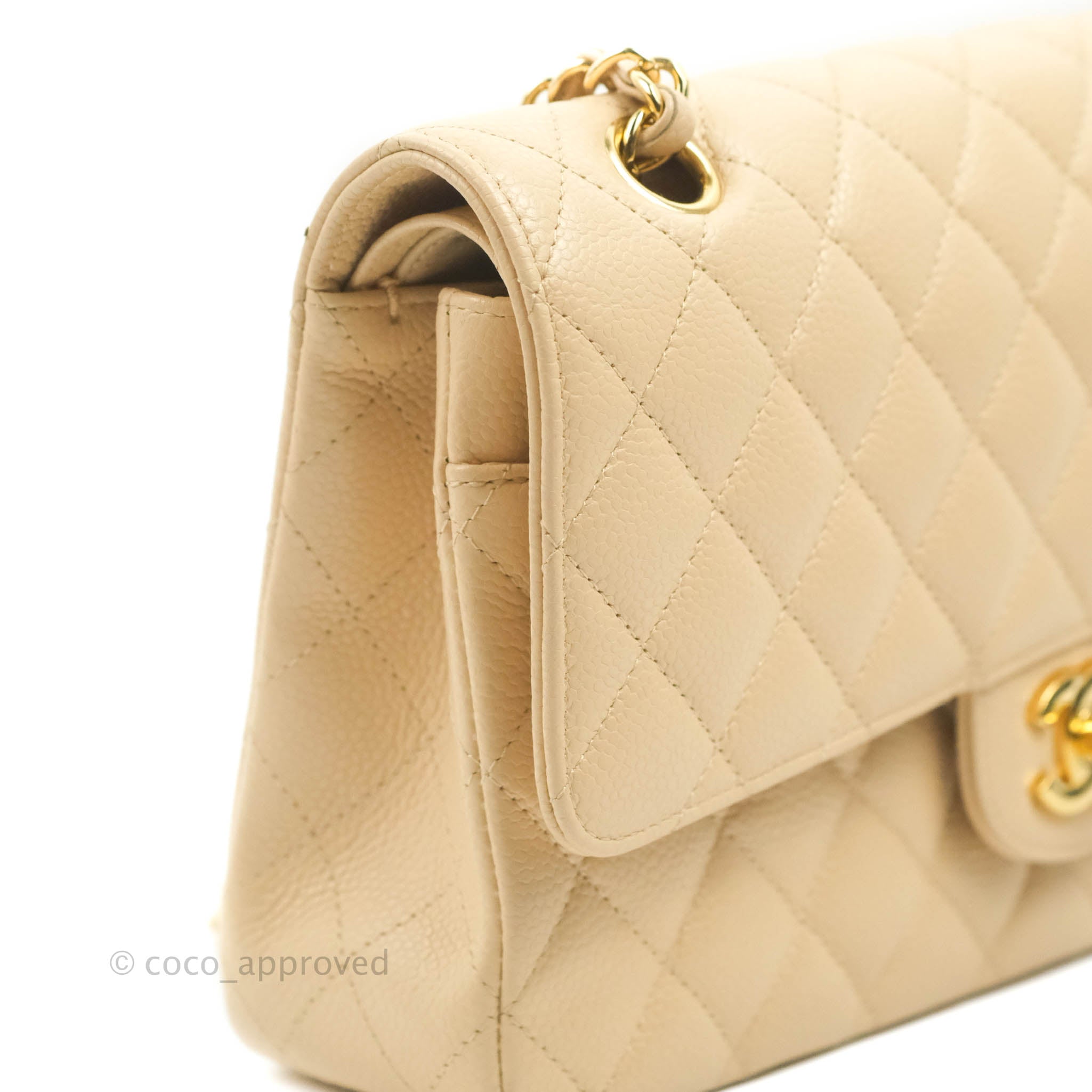 Chanel Classic M/L Medium Flap Bag - Quilted Beige Caviar Leather with Gold Hardware | Luxury Shoulder Bag for Women, Perfect for Work, Parties & Special Occasions