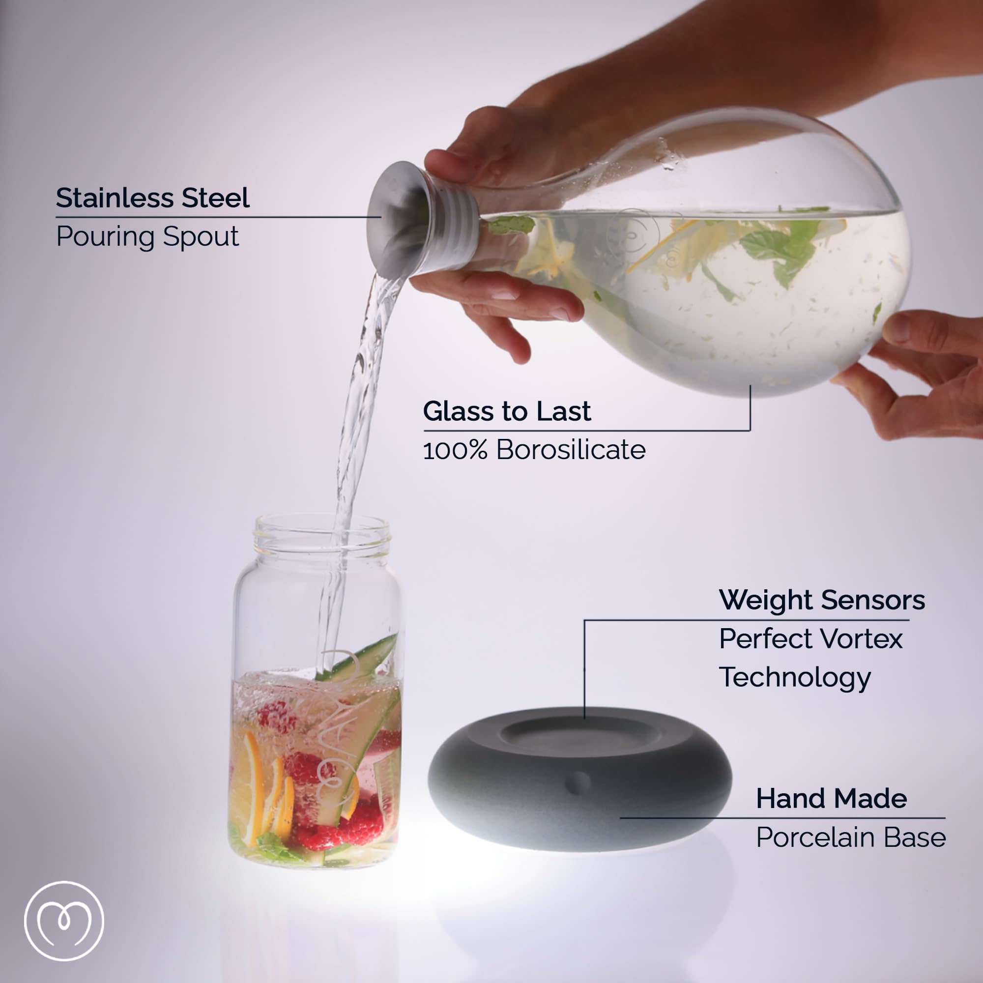 MAYU Swirl Structured Water Carafe - 1.5L Handblown Glass Pitcher with Vortex Technology | Reverse Osmosis Filter Aerating Dispenser | Graystone Base Design for Dining Table & Kitchen Counter
