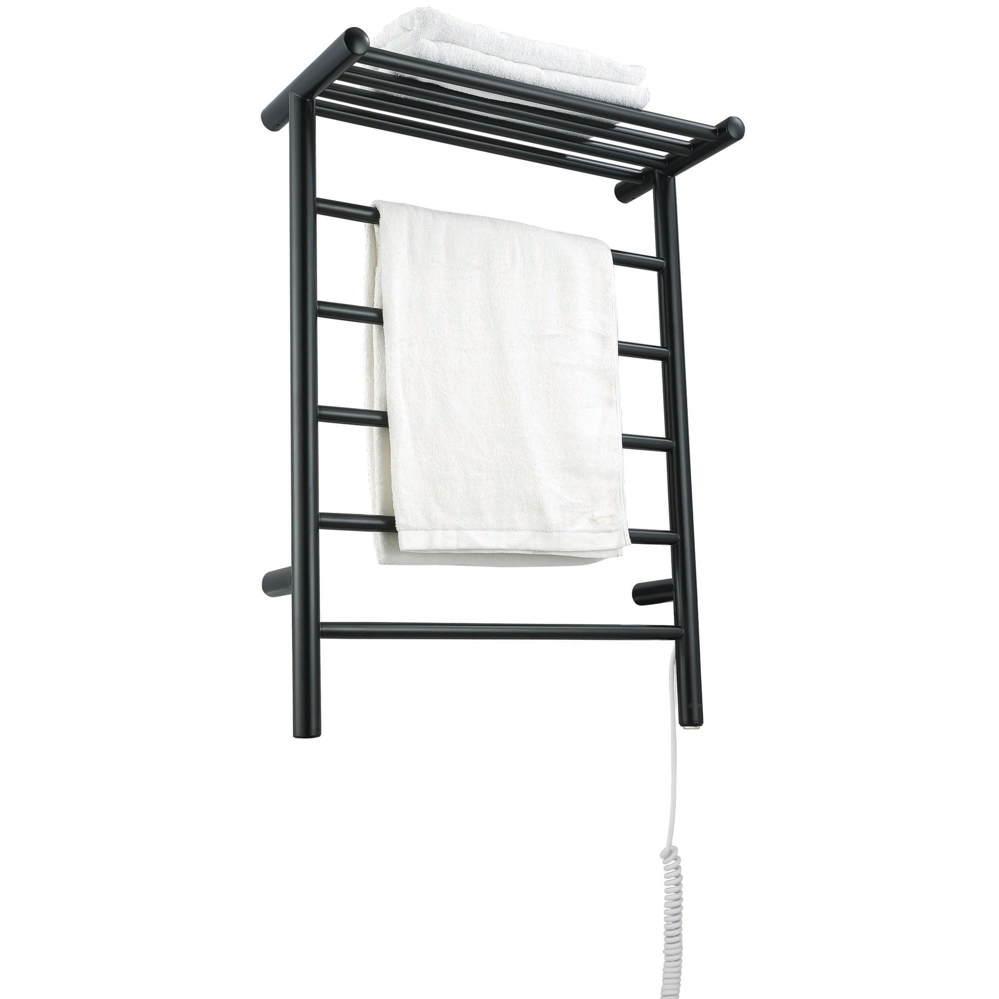 Miazzo 5-Bar Electric Wall Mount Towel Warmer with Shelf - Plug In or Hardwire Installation - Matte Black Finish - Perfect for Bathrooms, Spas & Luxury Home Decor