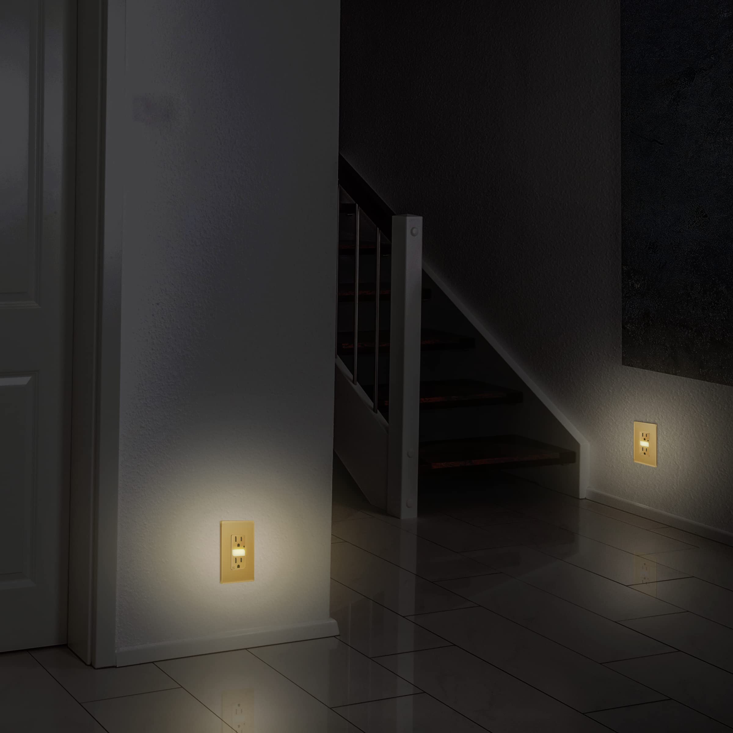 Topgreener TGL215TR-GD Gold LED Night Light Outlet with Auto Daylight Sensor - 125VAC/15A Tamper-Resistant Wall Receptacle - Perfect for Hallways, Bedrooms & Bathrooms